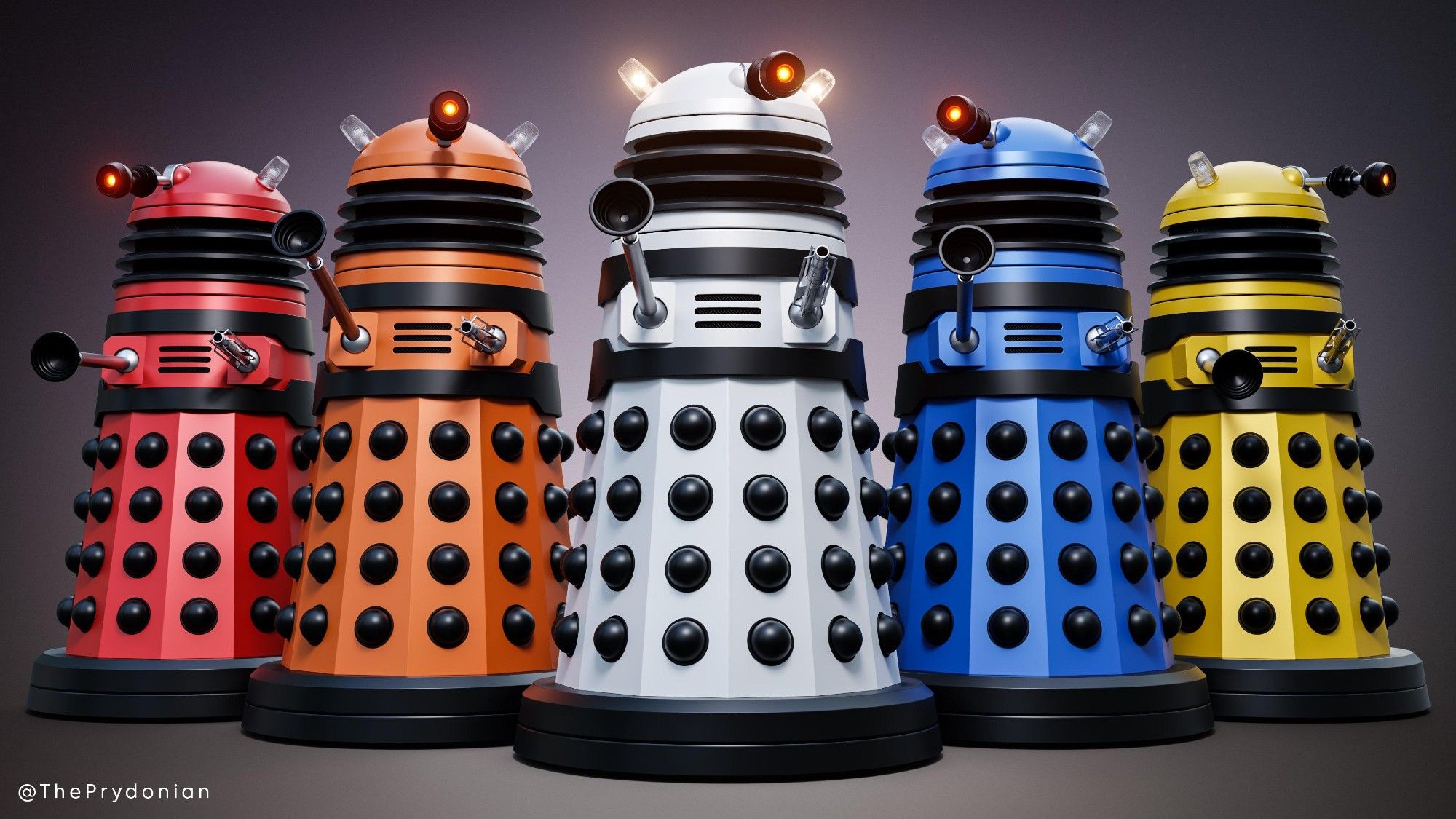 An image of Daleks from Doctor Who, but they're each a different color. These are know as the Paradigm Daleks.