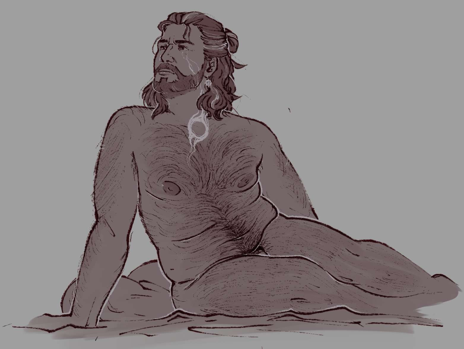 a digital drawing of gale dekarios from baldurs gate 3. he is a chubby human man with shoulder length hair in a half bun, sitting on a blanket, leaning on his own right arm. he is naked, and has a lot of body hair. he is looking to his right. the whole drawing is in sepia tones on a grey background; the mark of the netherese orb on his chest is visible in grey. 