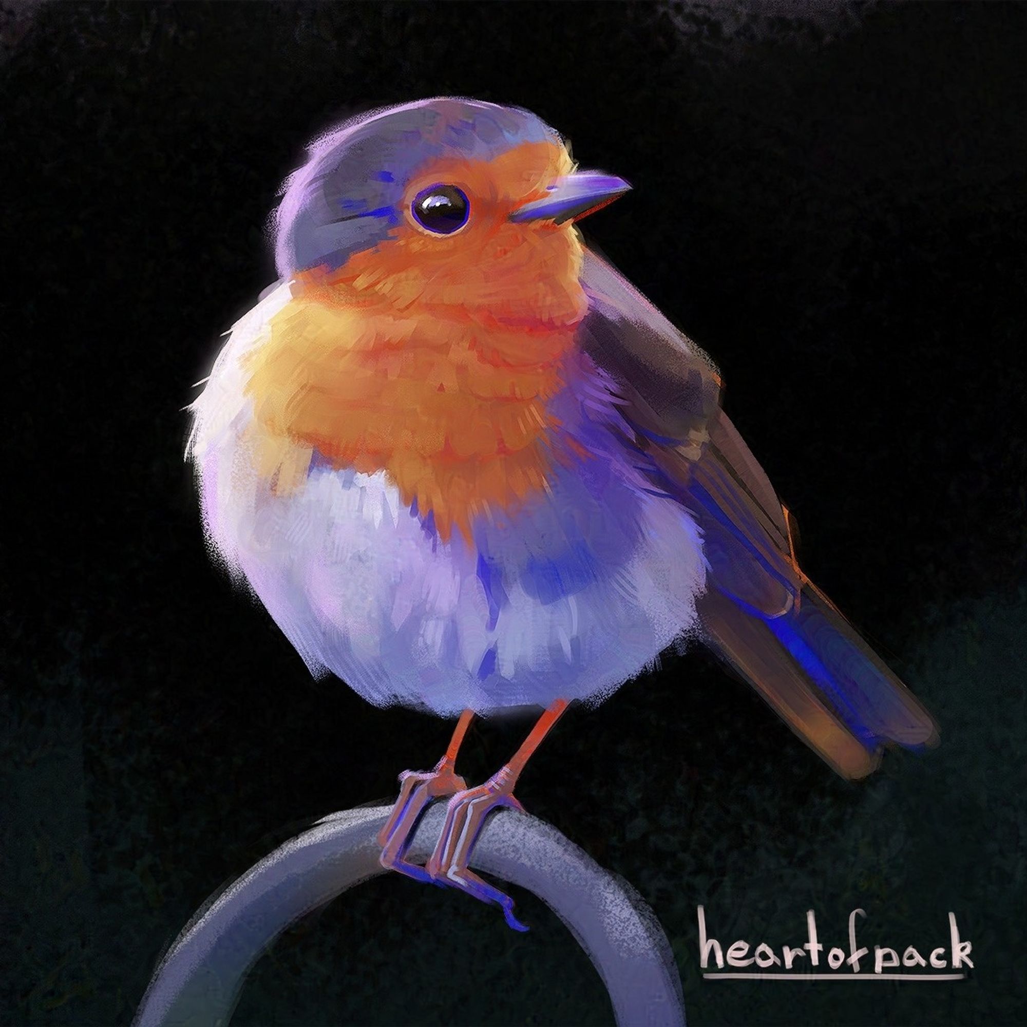 Digital art - a bird perched on a wire, orange feathers on its chest and pops of cobalt in its brown tail feathers.