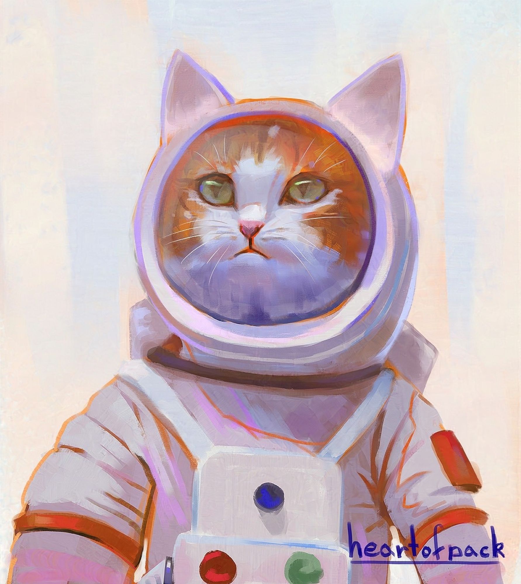 Digital art - a ginger cat in a spacesuit. The shadows are bright pops of orange and cobalt and they are against a pale blue and orange background.