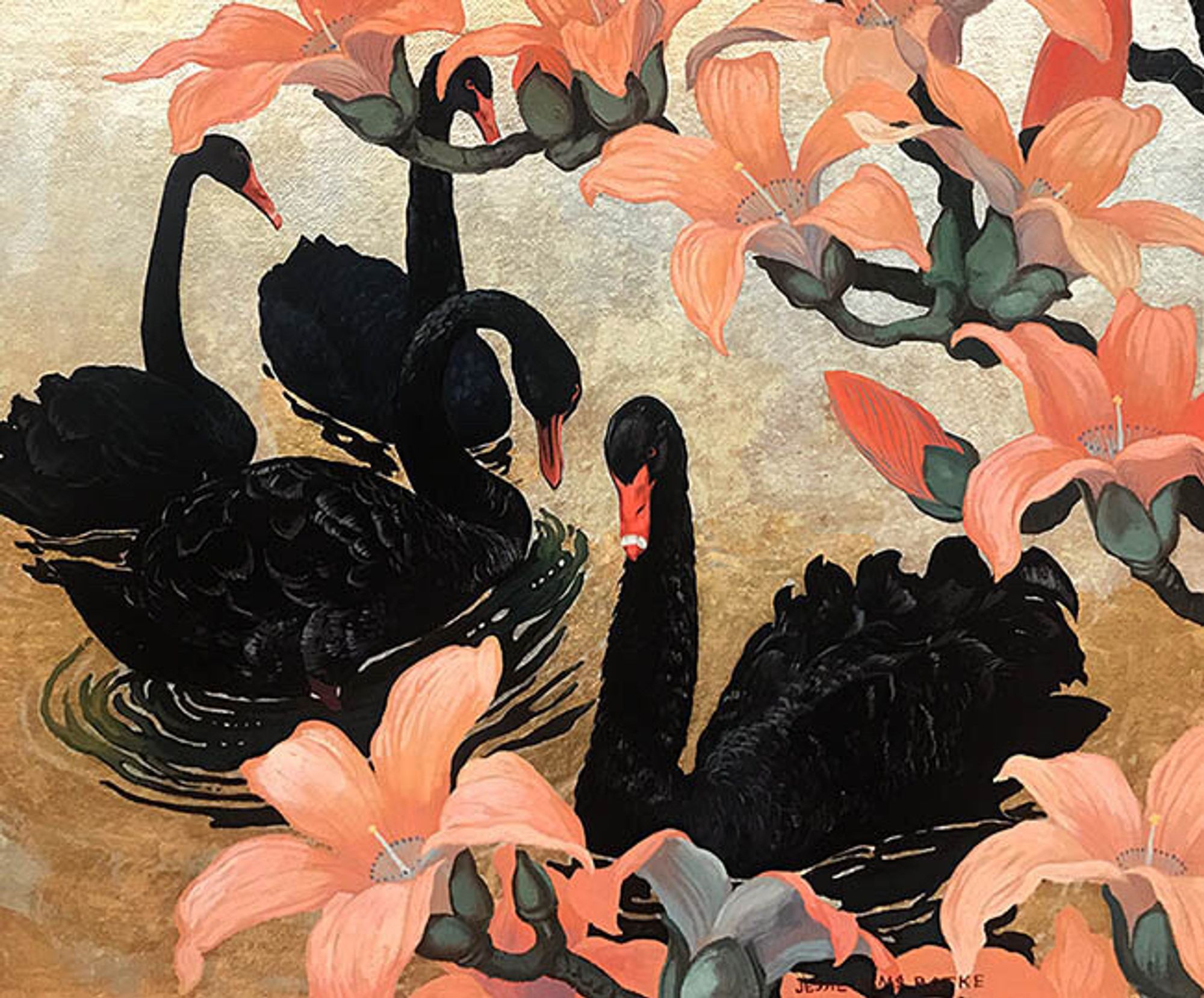 Painting og four black swans and some pink hibiscus flowers around them.