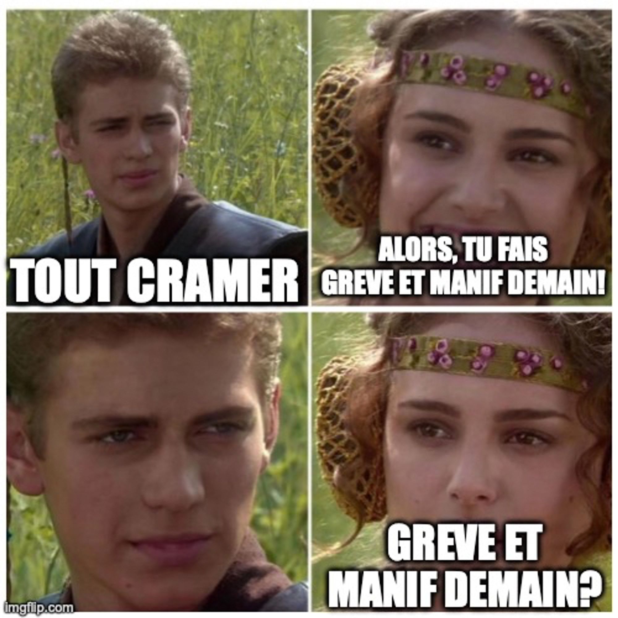 Mem de LOTR. Lui, image 1 : "Tout cramer". Elle, image 2 : "Alors, tu fais grève et manif demain?". Image 3 : lui, silencieux. Image 4, elle : Grève et manif demain?