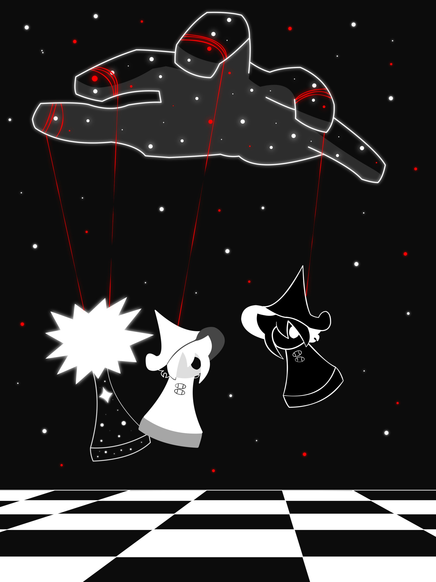 Fanart of the video game In Stars and Time. Three figures: Siffrin, Loop, and Mal Du Pays, are drawn as chess pieces held by strings above a chessboard floor. The background is is of a glowing starry sky, and the hand that casts the strings also has glowing stars on it.