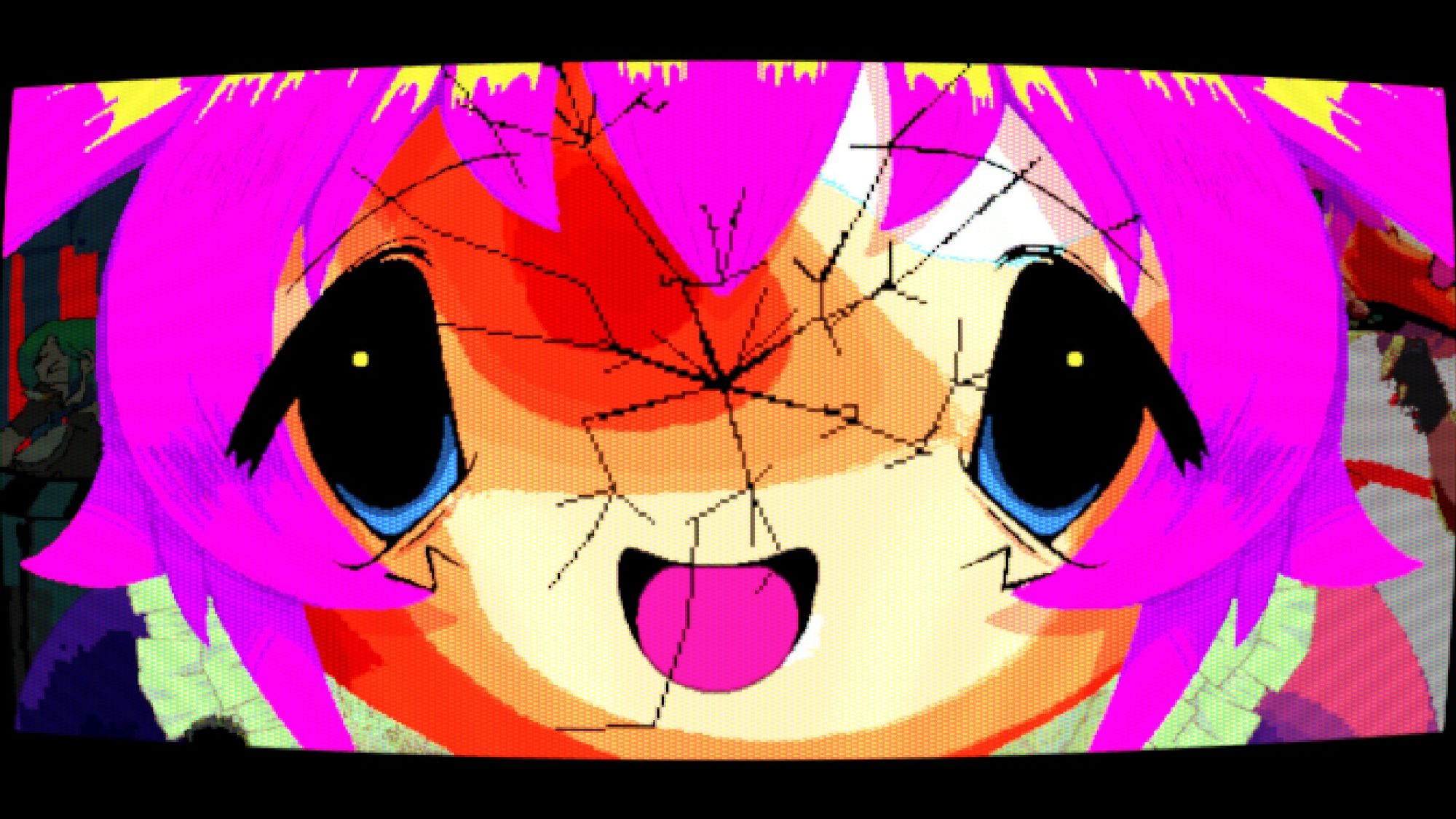 A cracked anime mask depicting a moe character with pink hair & a wide derpy smile.