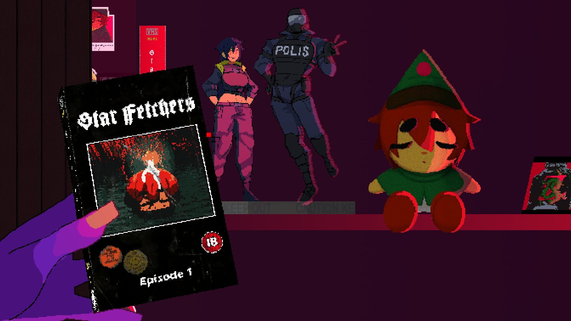 A VHS copy of Star Fetchers (PC) next to a plush depicting of one half of The Thornz, Sanyati. Next to the plush there's two fully armored police officers posing in an anime stance.