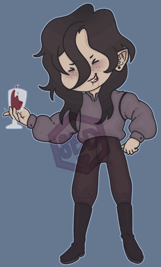 A finished and coloured drawing of Jerry the vampire. He has a splotchy drunken expression with bloody lips, and is holding a glass of red liquid in his pale hand.