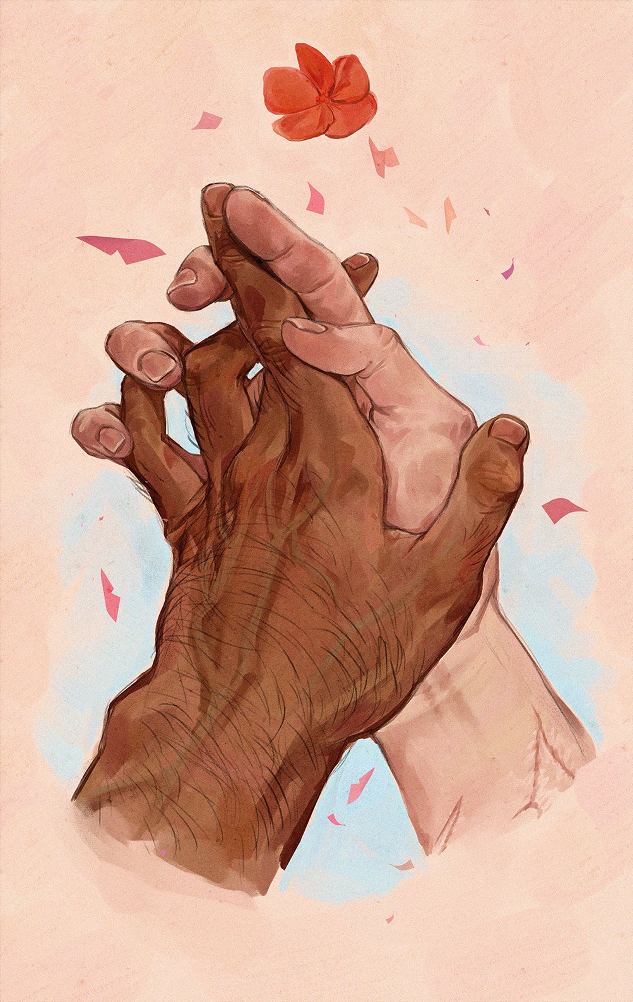 A digital illustration of Nicholas D. Wolfwood holding Vash the Stampede's hand. Their hands are framed by falling confetti and a single, red geranium has been painted at the top of the image.