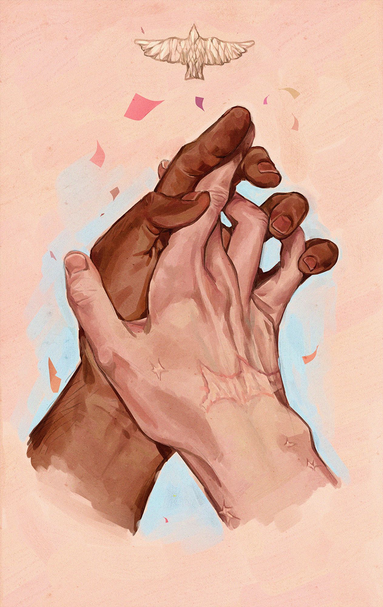 A digital illustration of Vash the Stampede holding Nicholas D Wolfwood's hand. Their hands are framed by falling confetti and a single, hand-carved bird has been painted at the top of the image.