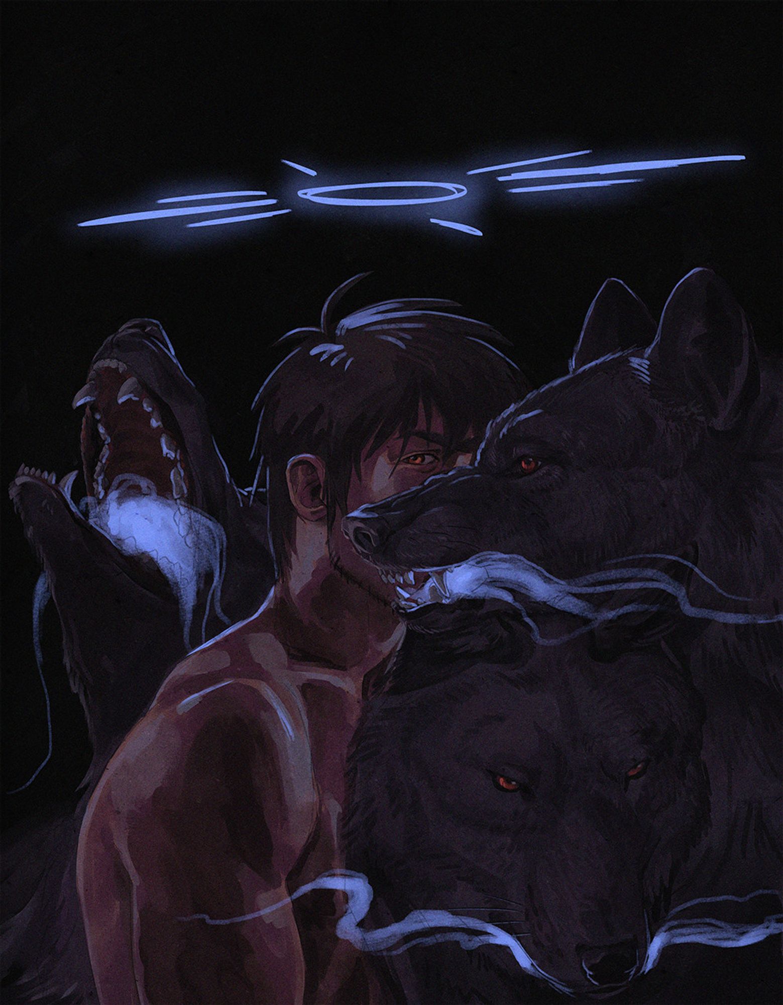 Nicholas D. Wolfwood standing under a halo of light that looks like the Eye of Michael. He is gazing directly at the viewer. His face is partially obscured by a wolf and he is surrounded by three black wolves in total with vapor trailing from their mouths.