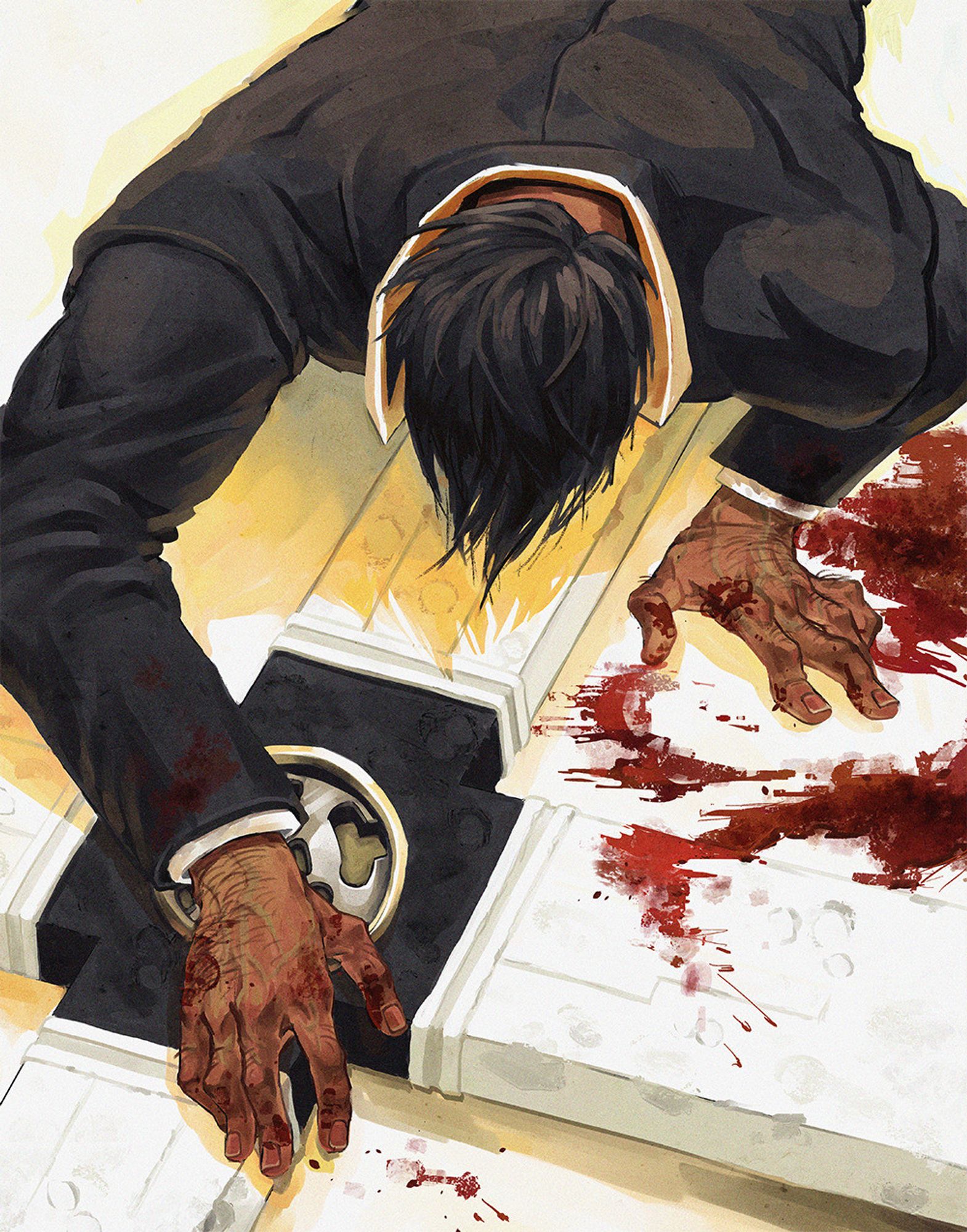 A digital illustration of Nicholas D. Wolfwood partially crouched on top of the Punisher from a top-down view. There is a trail of blood winding around his arm and leading up to one of the Punisher's arms. Blood stains are also visible on his hands.