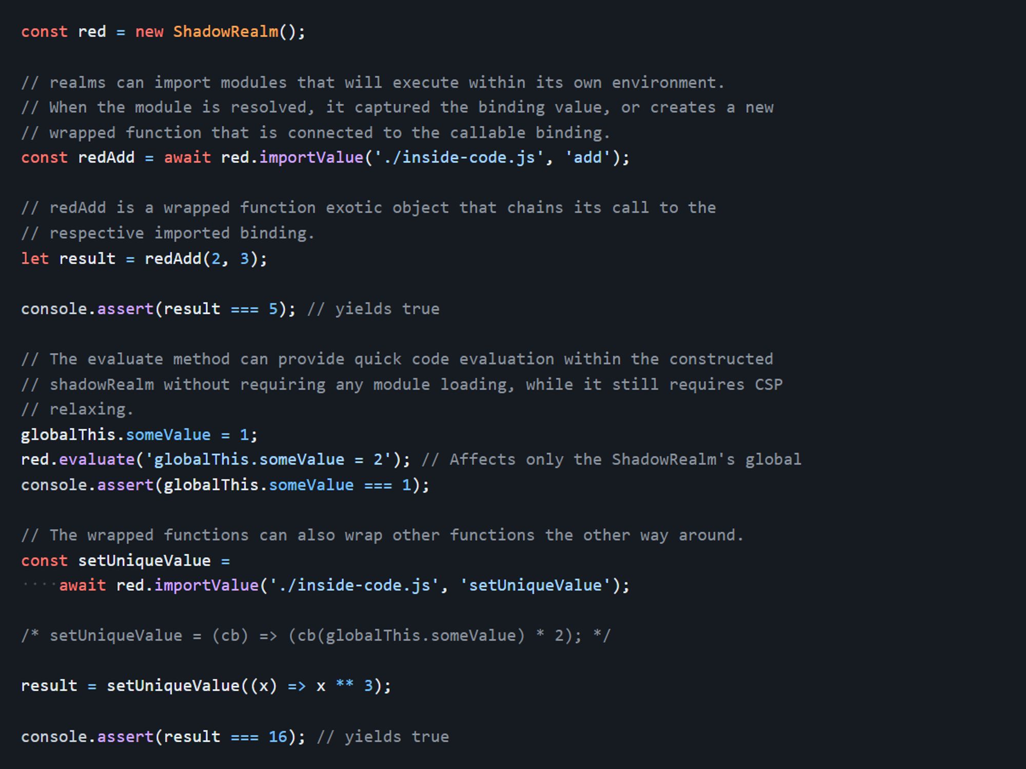 JavaScript code snippet, showing an example for using the proposed ShadowRealm object in JavaScript.