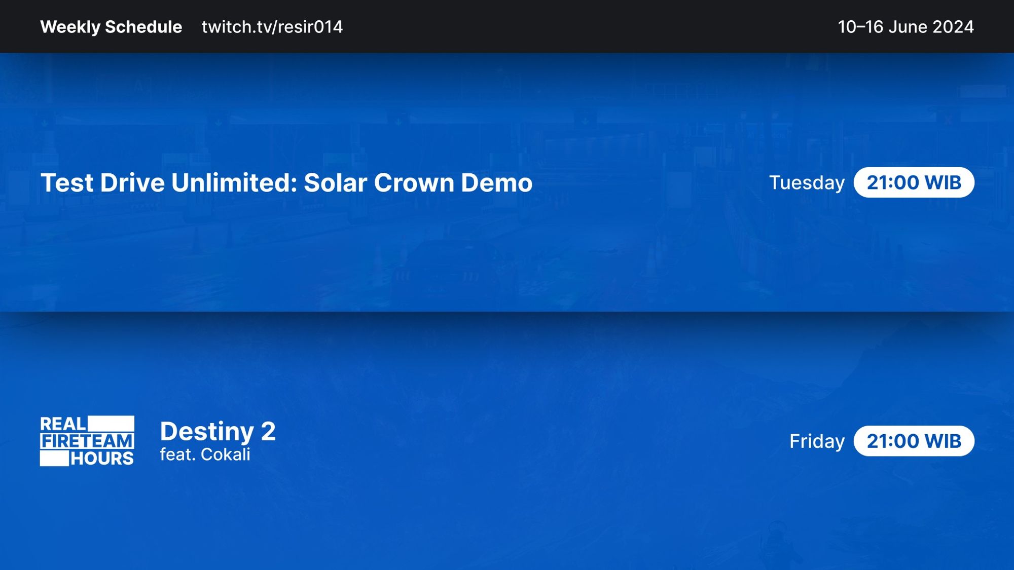 Stream Schedule - Week of 10 June, 2024.

- Tuesday (21:00): Test Drive Unlimited: Solar Crown Demo
- Friday (21:00): Destiny 2: Real Fireteam Hours (feat. @cocali)
