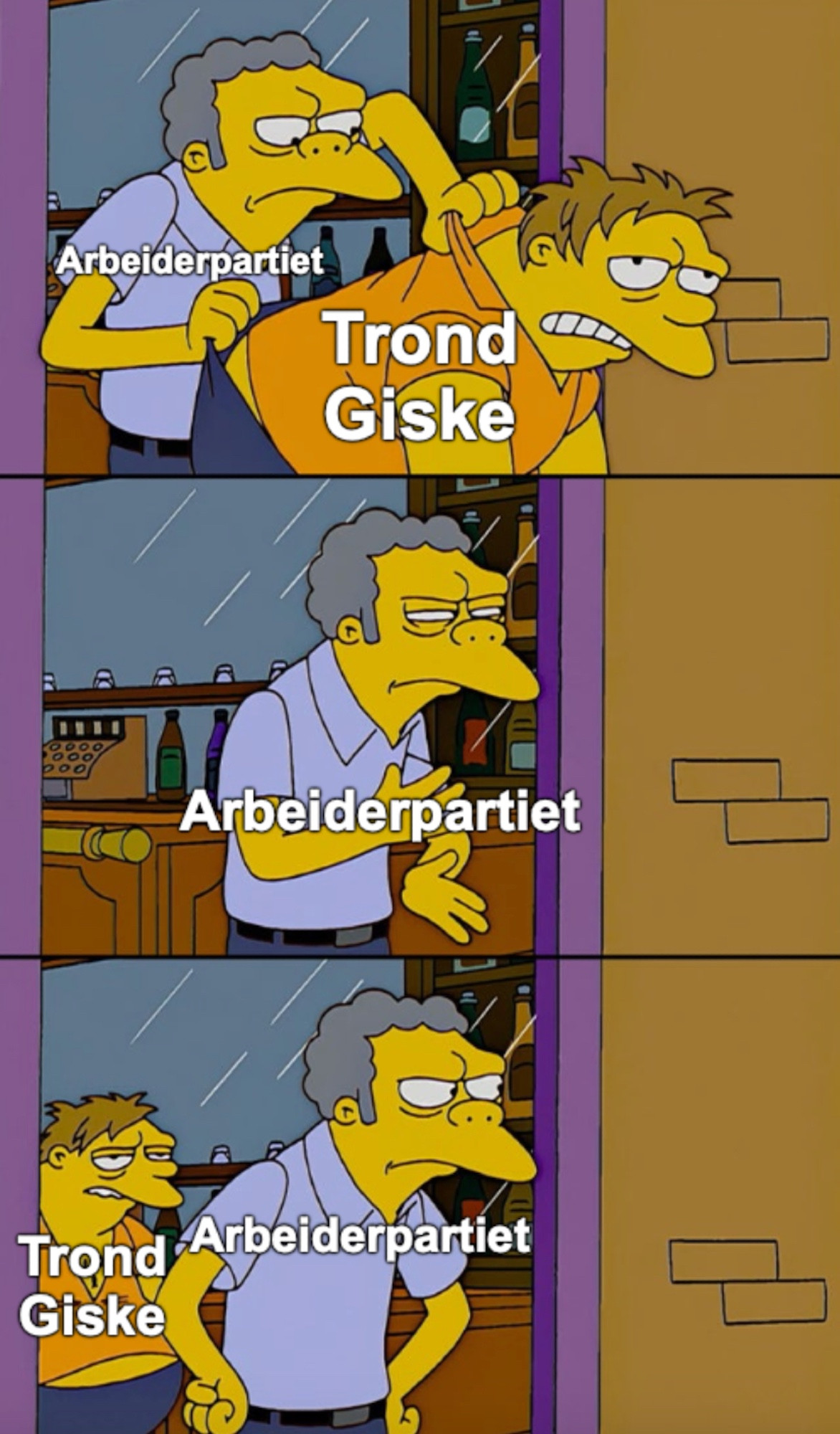 Moe throwing Barney out of his bar-meme, med Barney som Trond Giske og Moe som Arbeiderpartiet.