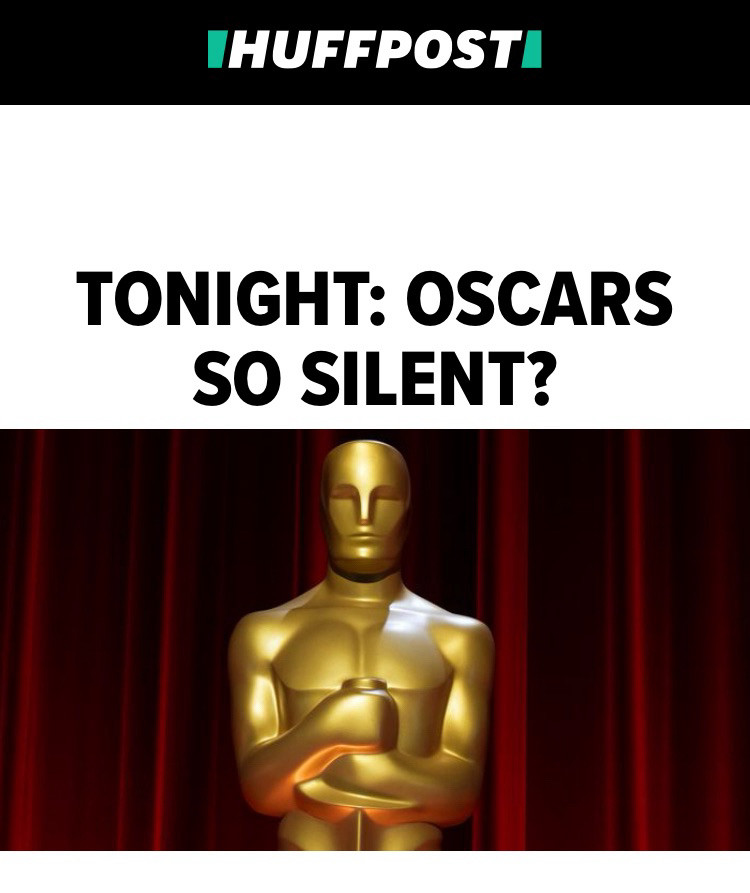 A screenshot of the HuffPost front page with a headline that reads “TONIGHT: OSCARS SO SILENT?” with a photo of the Oscar statuette in front of a red curtain.