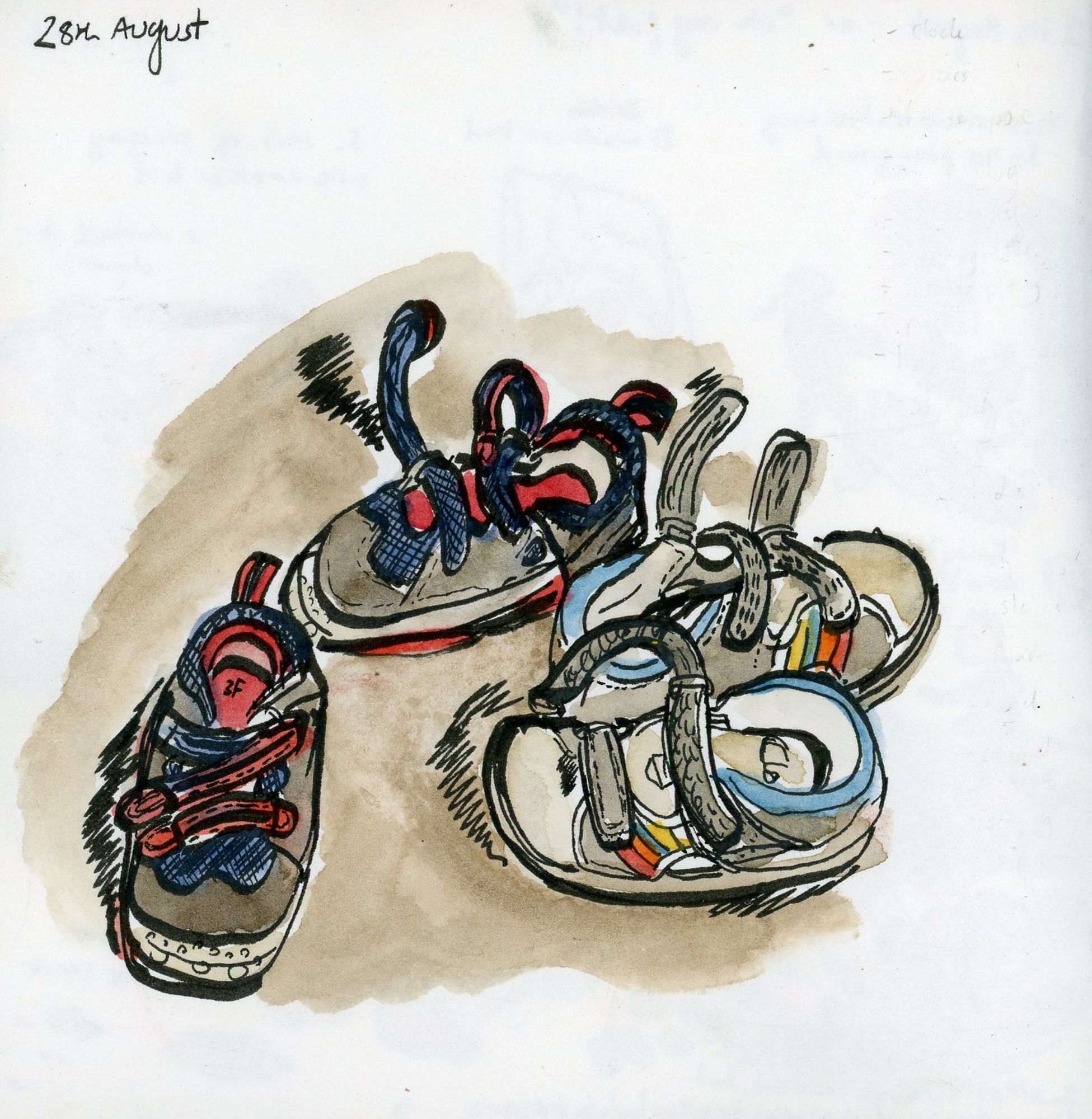 Sketch of two pairs of baby shoes lying untidily on the floor