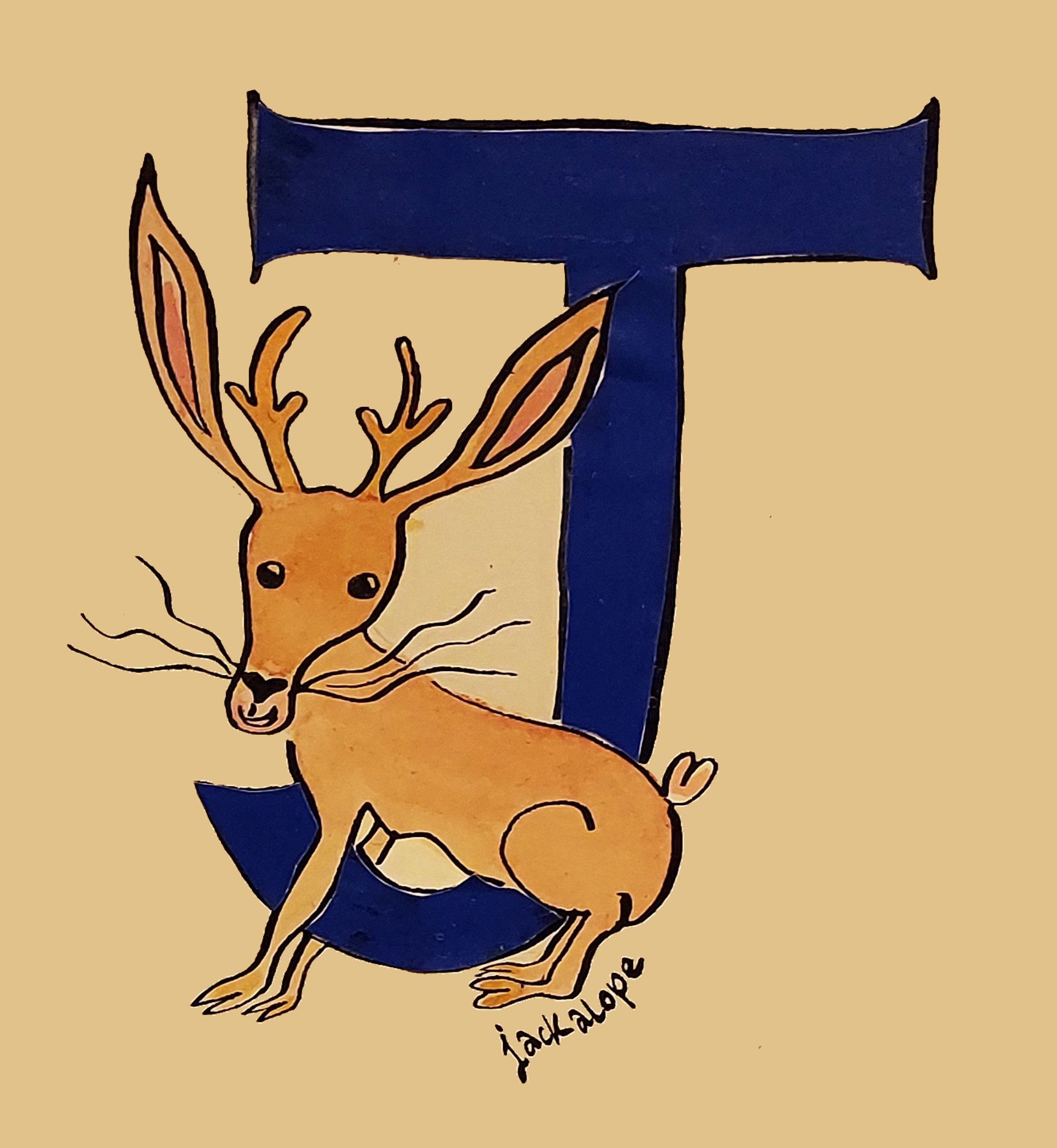 A large blue J in which sits a cheerful looking rabbit with antelope horns