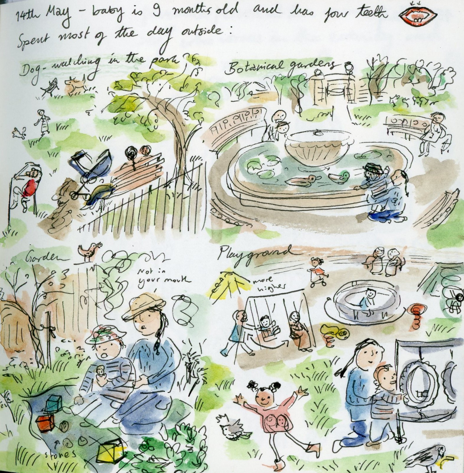 Sketches of baby and me spending lots of time outside - dogspotting in the park, Botanical Gardens, garden, playground