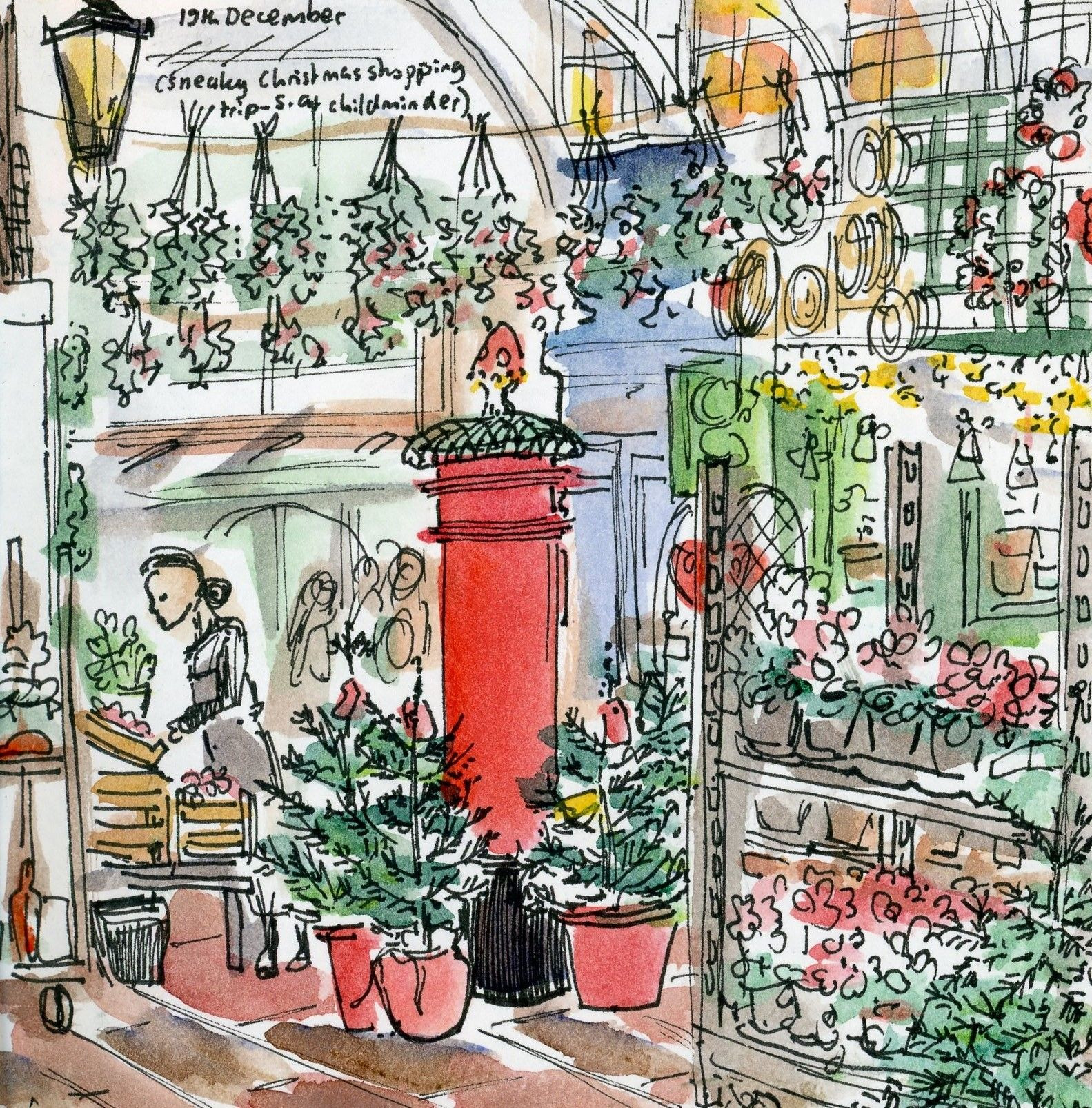 Sketch of Oxford covered market at Christmas, including postbox surrounded by Christmas trees and other seasonal greenery