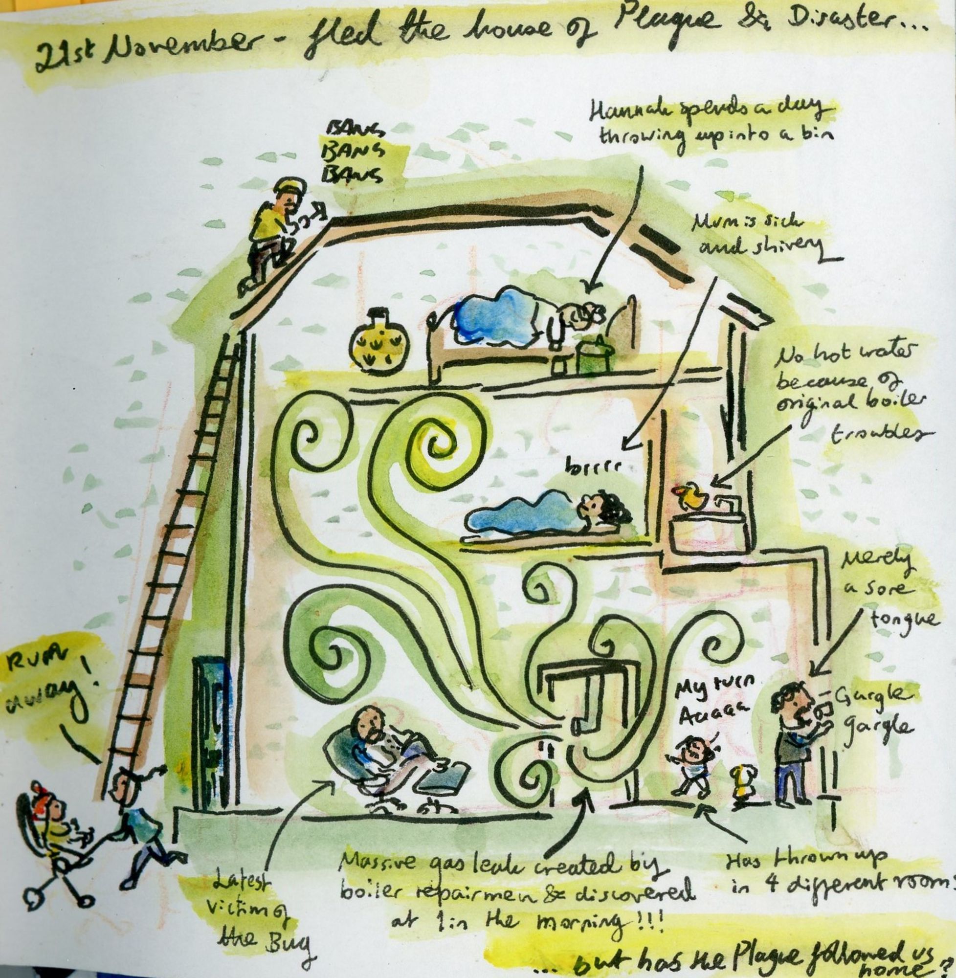 Sketch of me and toddler fleeing from a house full of plague and disaster (represented by green fumes) - 5 family members are ill, builders hammering on the roof, no hot water, and (latest horror) a massive terrifying gas leak!!!