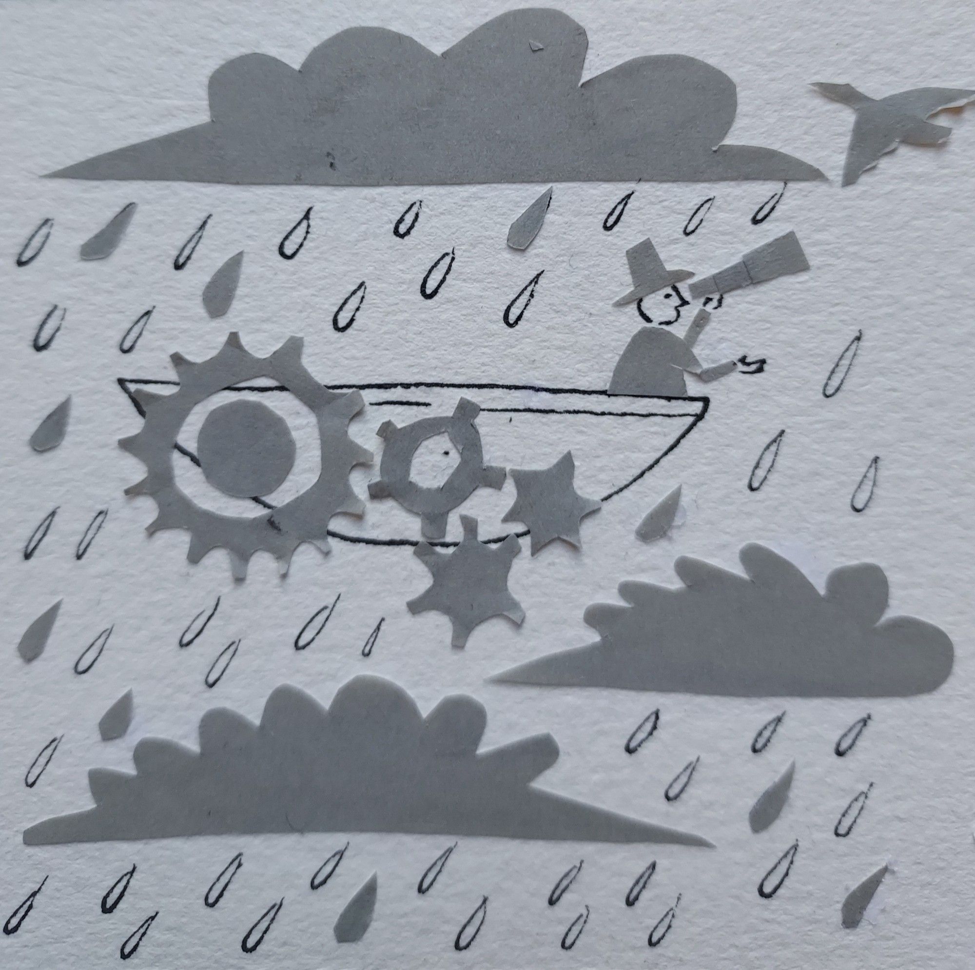 Small collage of a man in a top hat with a telescope flying in a ship through grey clouds and rain