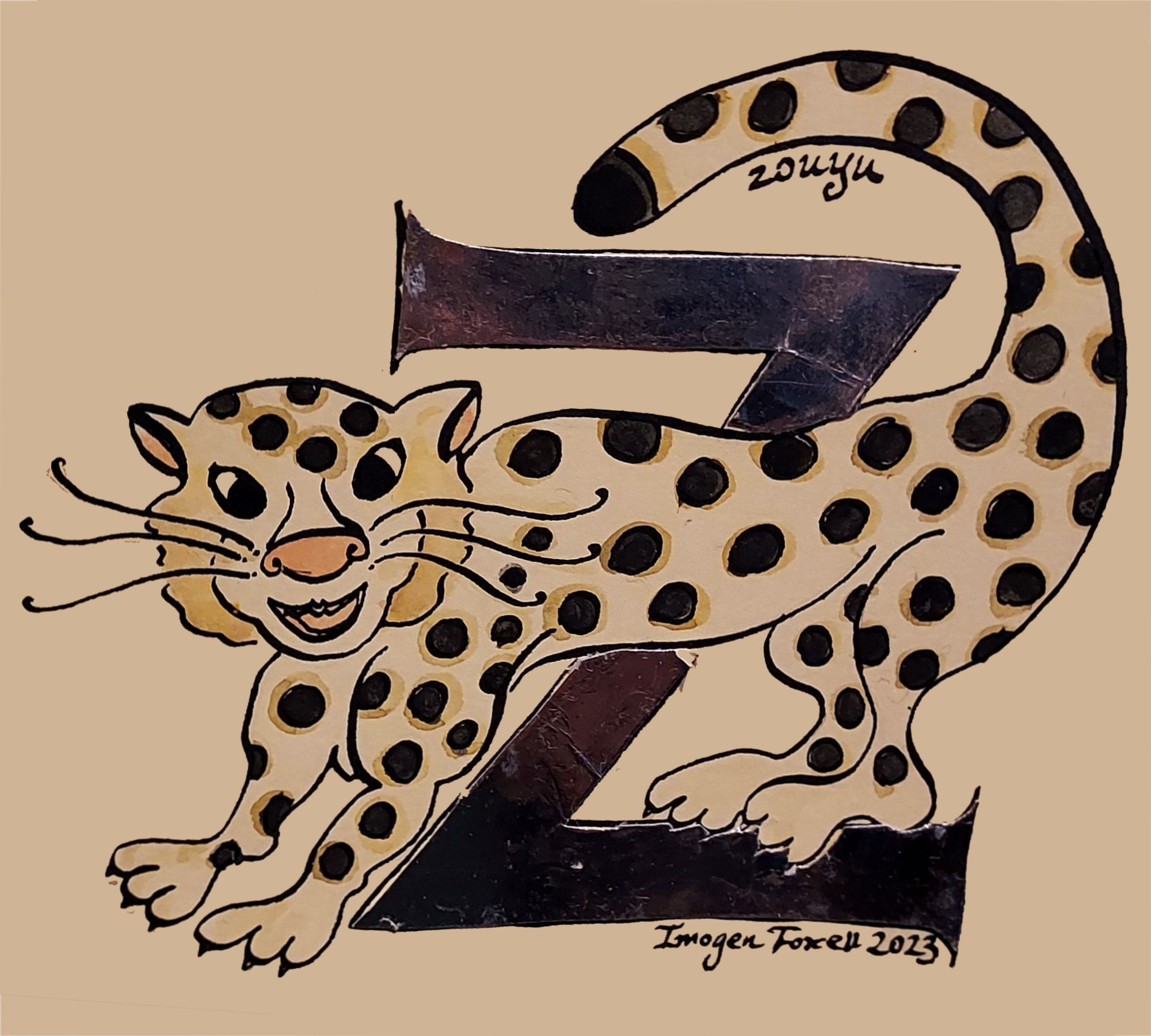 A drawing of a silver letter Z on which stands a tiger-like creature, white with black spots