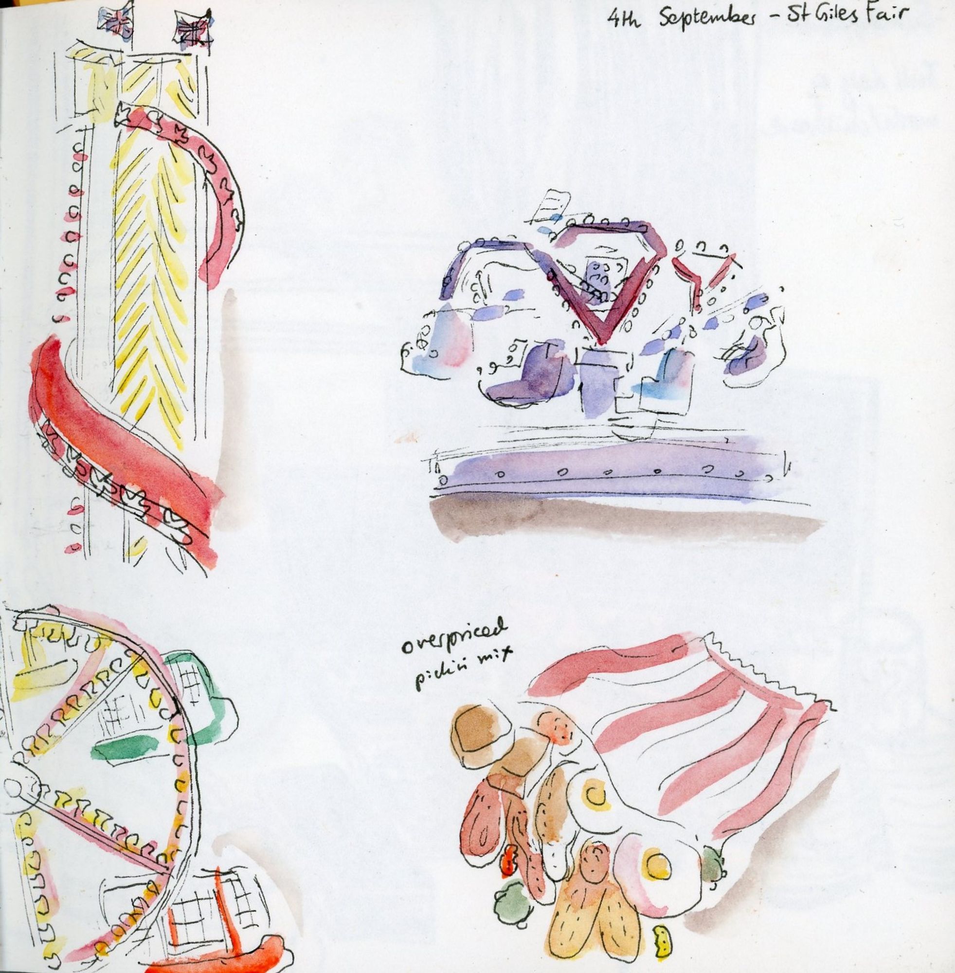 Sketches from St Giles fair: helter skelter, ferris wheel, scary spinny thing, and overprived pick 'n' mix