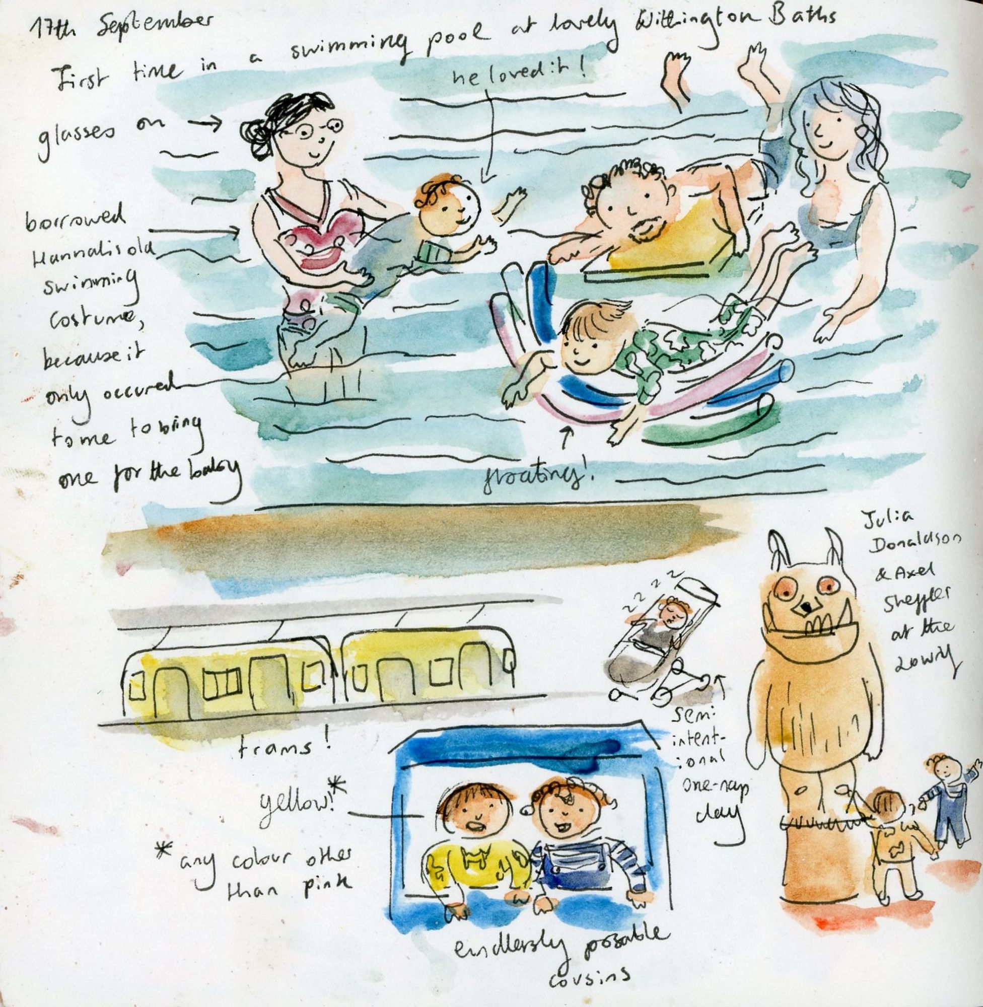 Sketches from a trip to Manchester - successful first swimming trip, trams, endlessly posable cousins, giant Gruffalo statue