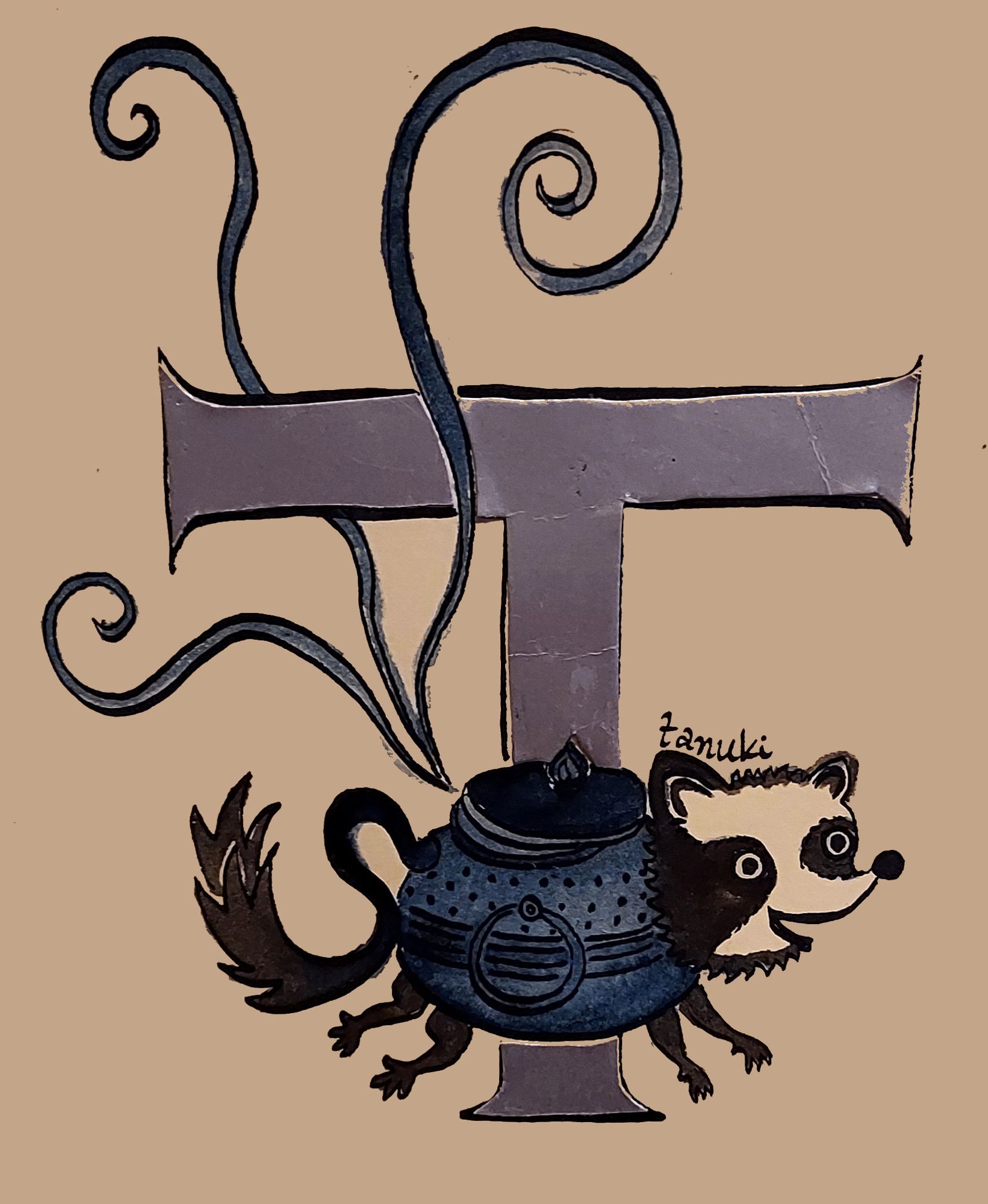 A drawing of a silver letter T, past which runs a creature with the body of a teapot with steam coming out, and the head, tail and legs of a Japanese raccoon tog