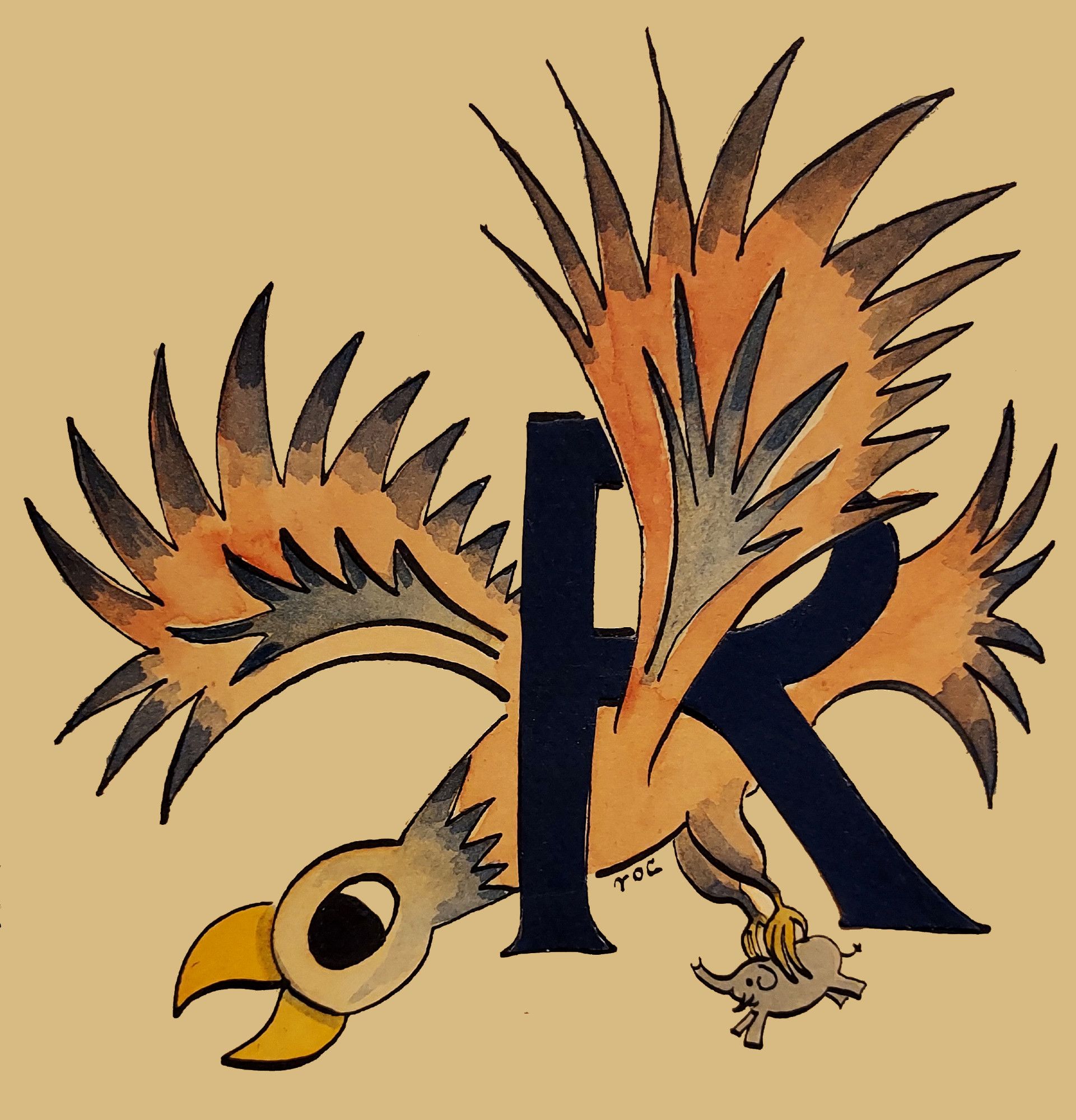 A drawing of a dark blue letter R through which flies an enormous bird with an open yellow beak, carrying an tiny-by-comparison elephant in its claws