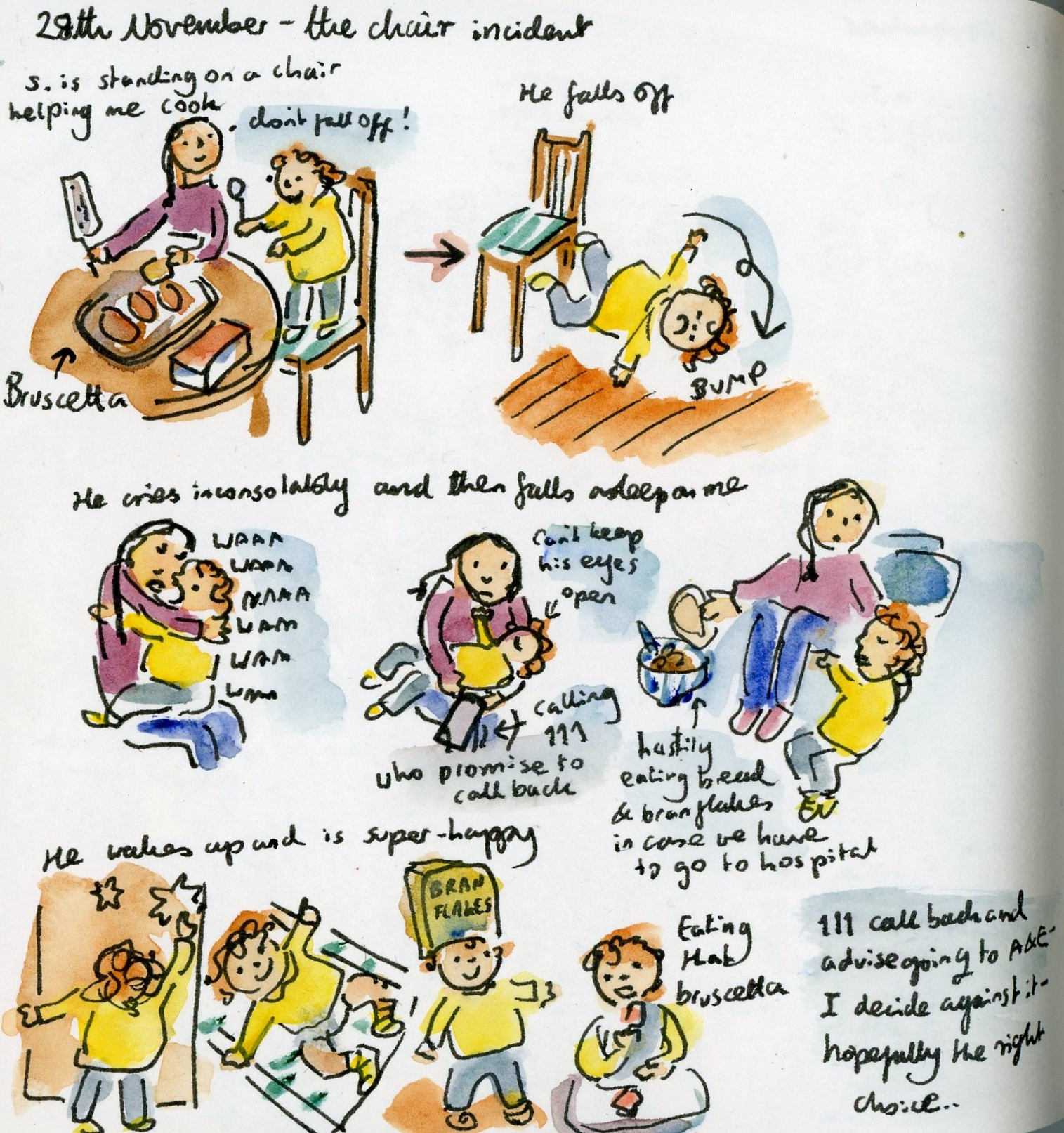 Sketches of the time my toddler fell off a chair and scarily bumped his head - but was then fine