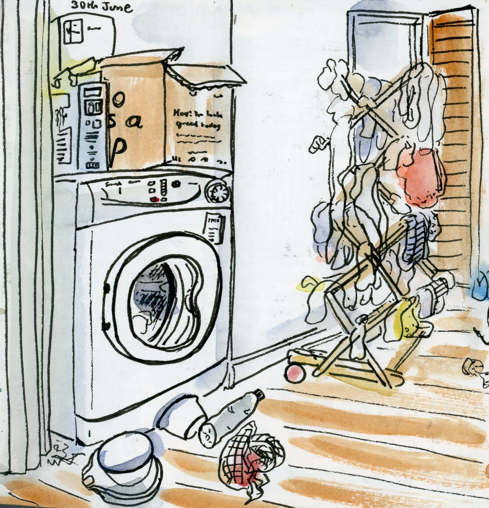 Sketch of washing machine, clothes horse full of clothes, and various mess on the floor