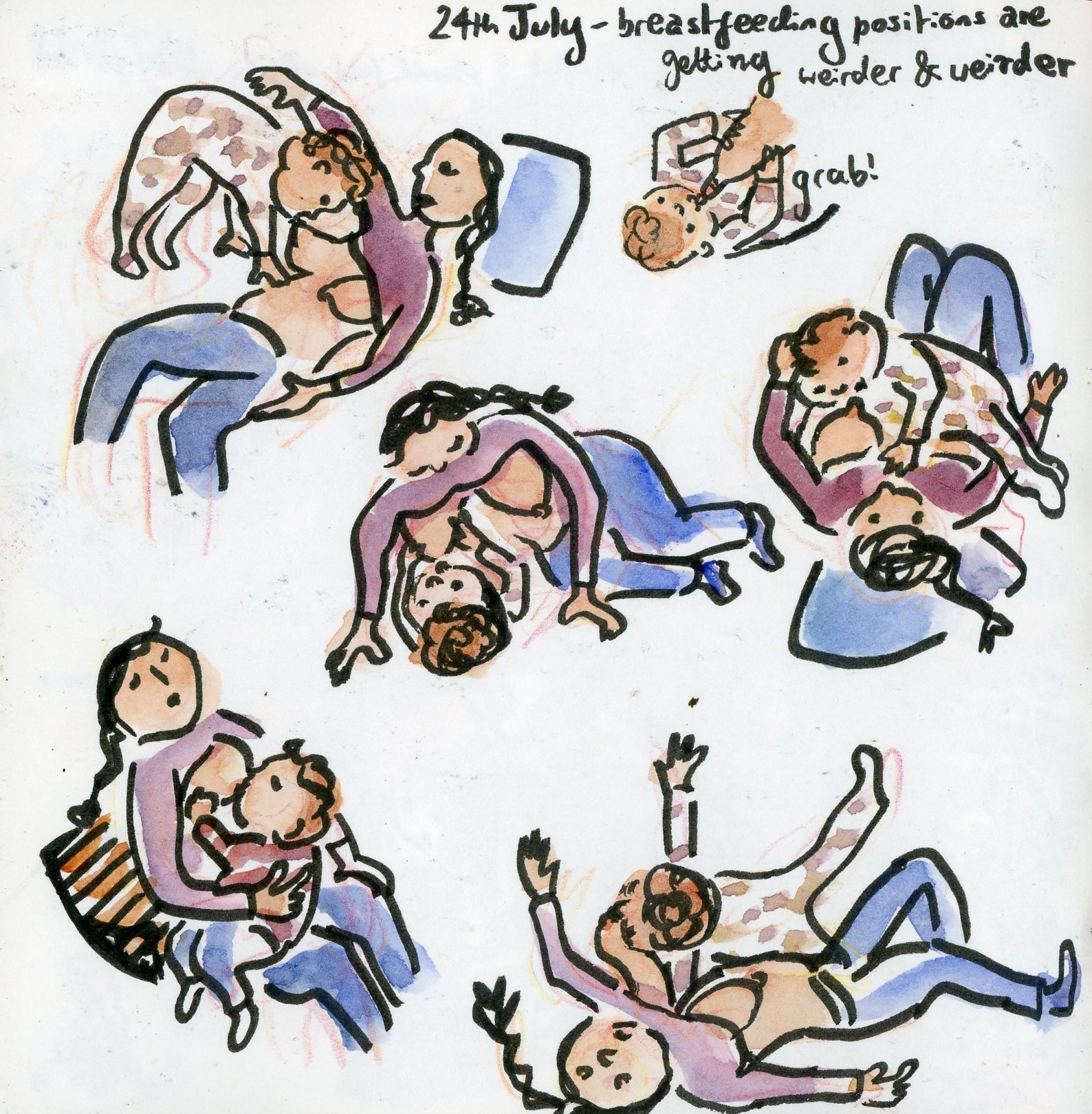 Sketches of 6 new and unusal breastfeeding positions, including the one where baby performs an impressive side plank