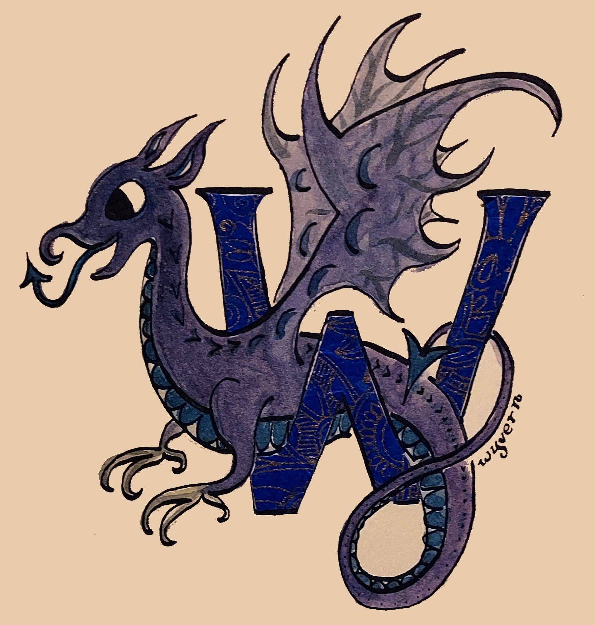 A picture of a dark blue W, in which perches a purple wyvern (a two legged dragon) drawn in somewhat heraldic style