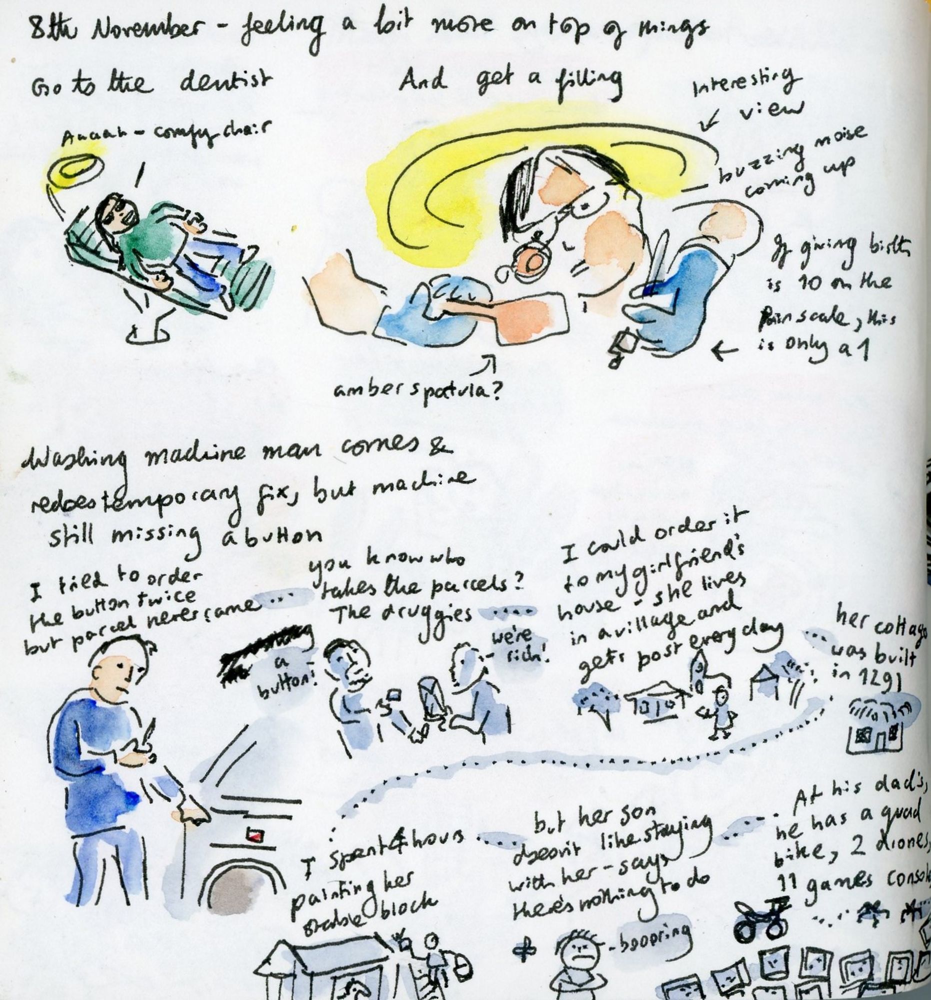 Sketches of me having a lovely rest (and some fillings) at the dentist, and the washing machine repairman telling me a long and rambling story - starting with druggies stealing my washing machine button and ending up with his girlfiend's son's 11 game consoles