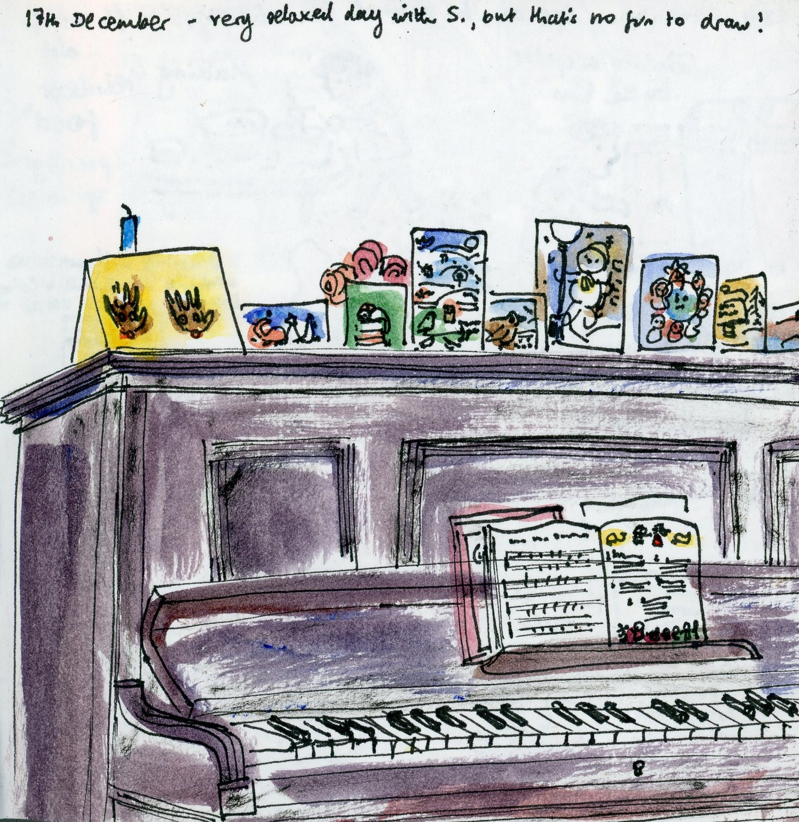 Sketch of my piano with lots of Christmas cards on it