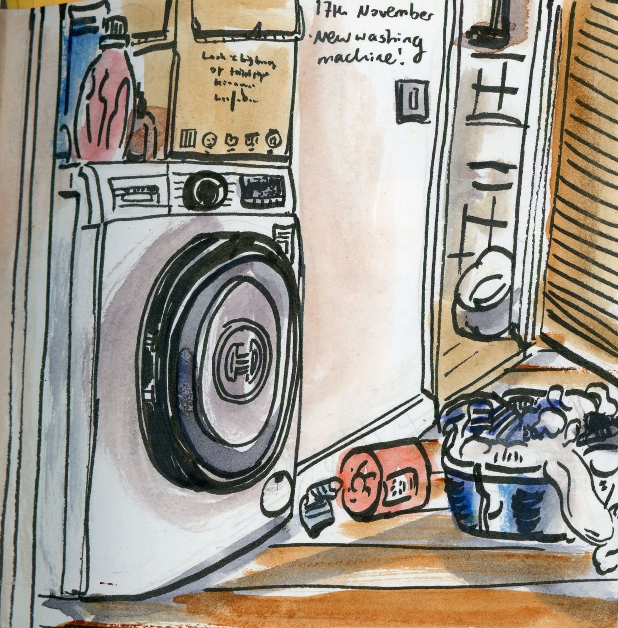 Sketch of my new washing machine and a basket full of laundry