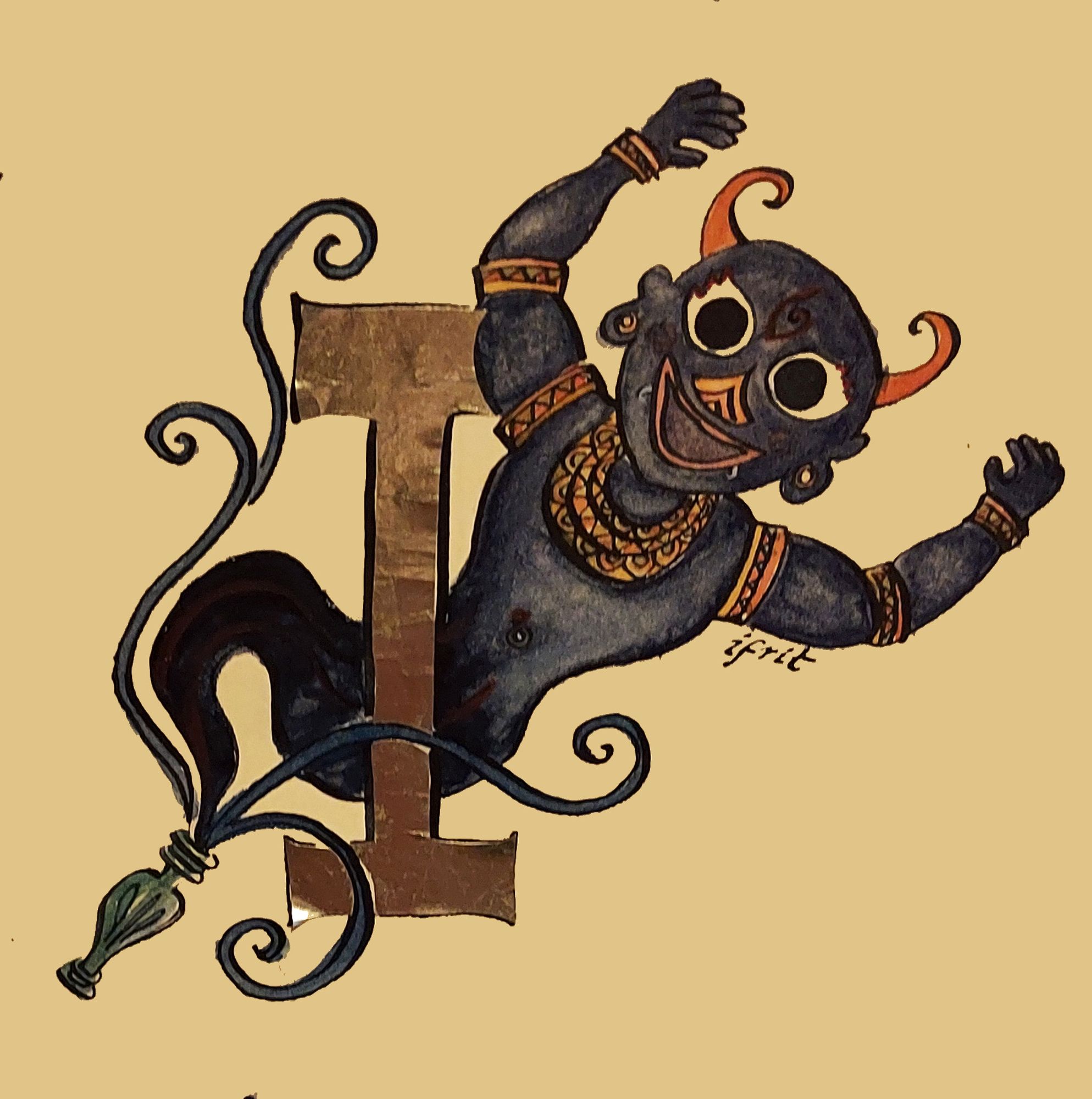 A drawing of a gold letter I, behind which a grinning dark blue ifrit emerges from a bottle - he has horns and lots of gold jewellery