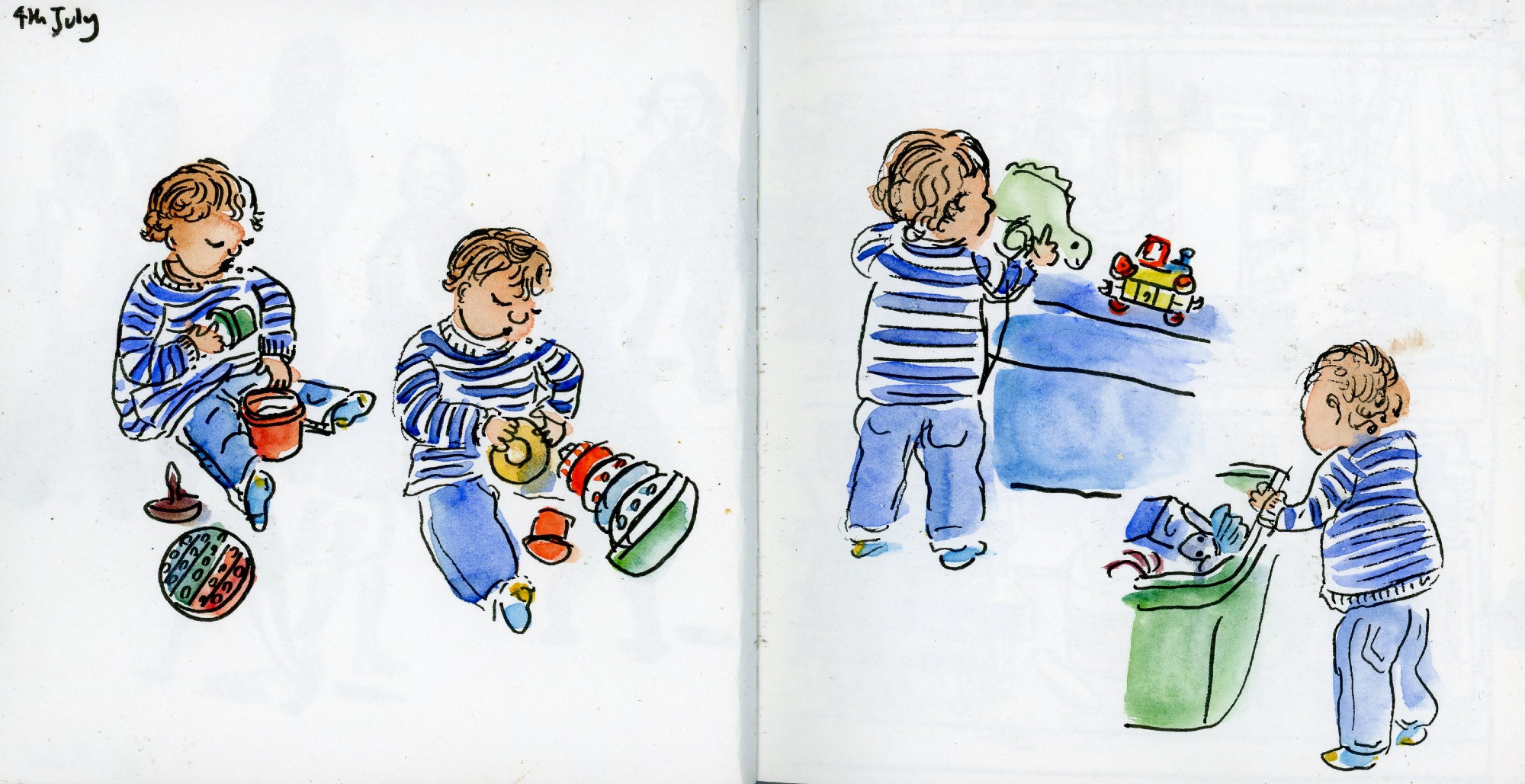 Sketches of the baby playing with various toys, including stacking rings and a fluffy stegosaurus