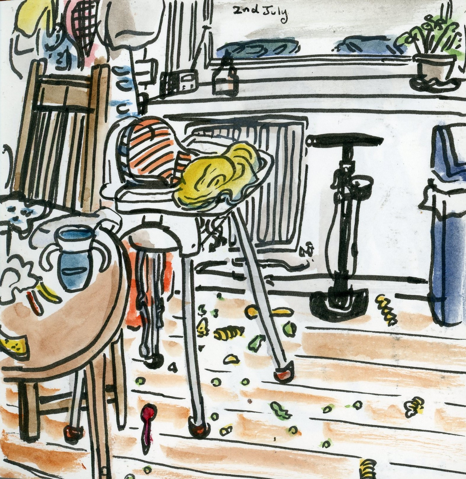 Sketch of high chair surrounded by a disaster zone of jettisoned pasta, peas, and spoons