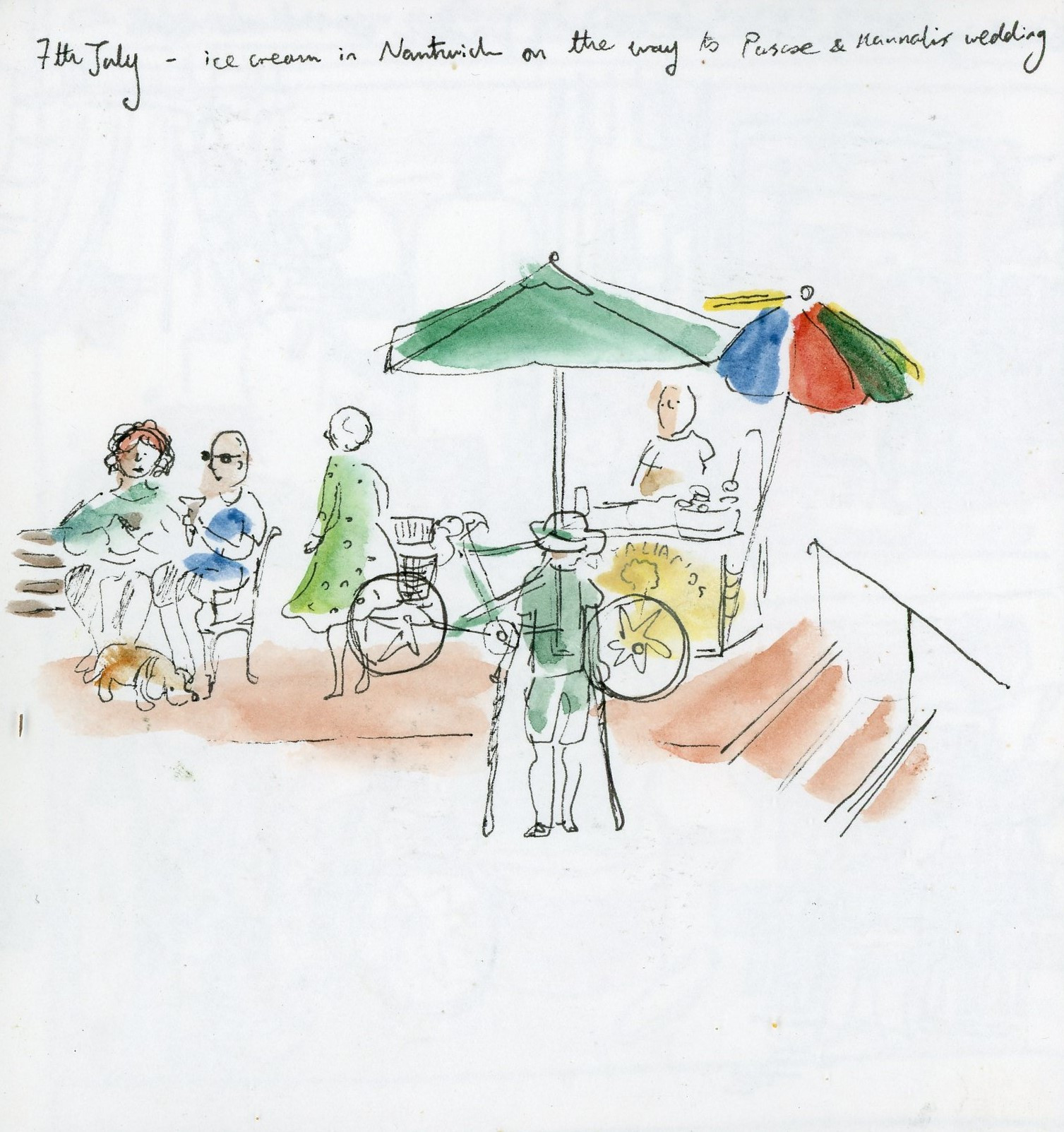 Sketch of ice cream stall in Nantwich, shaded by 2 umbrellas, plus dog resting under bench