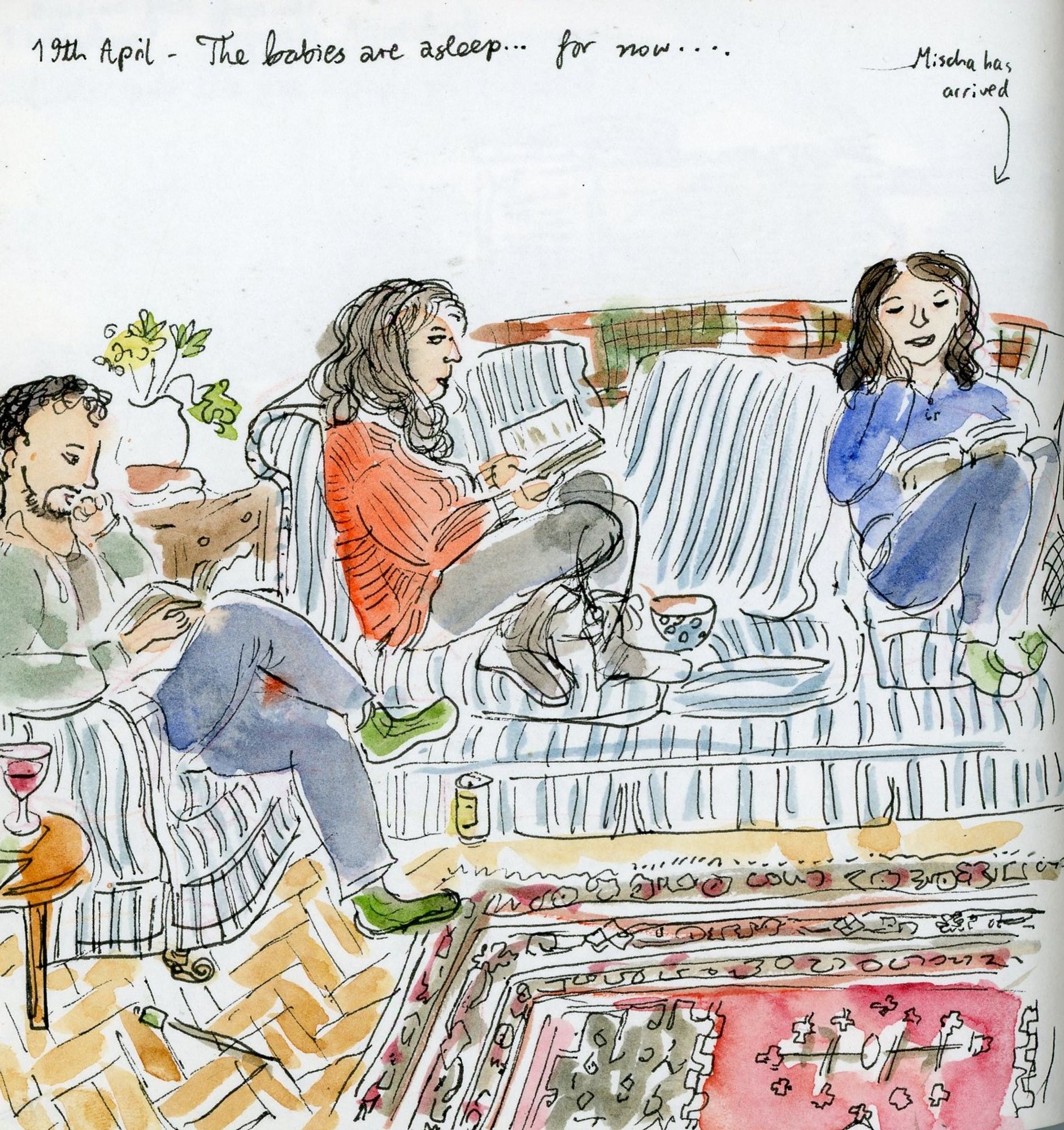 A sketch of 3 adults reading on cosy sofas/chairs (the babies are asleep... for now...)