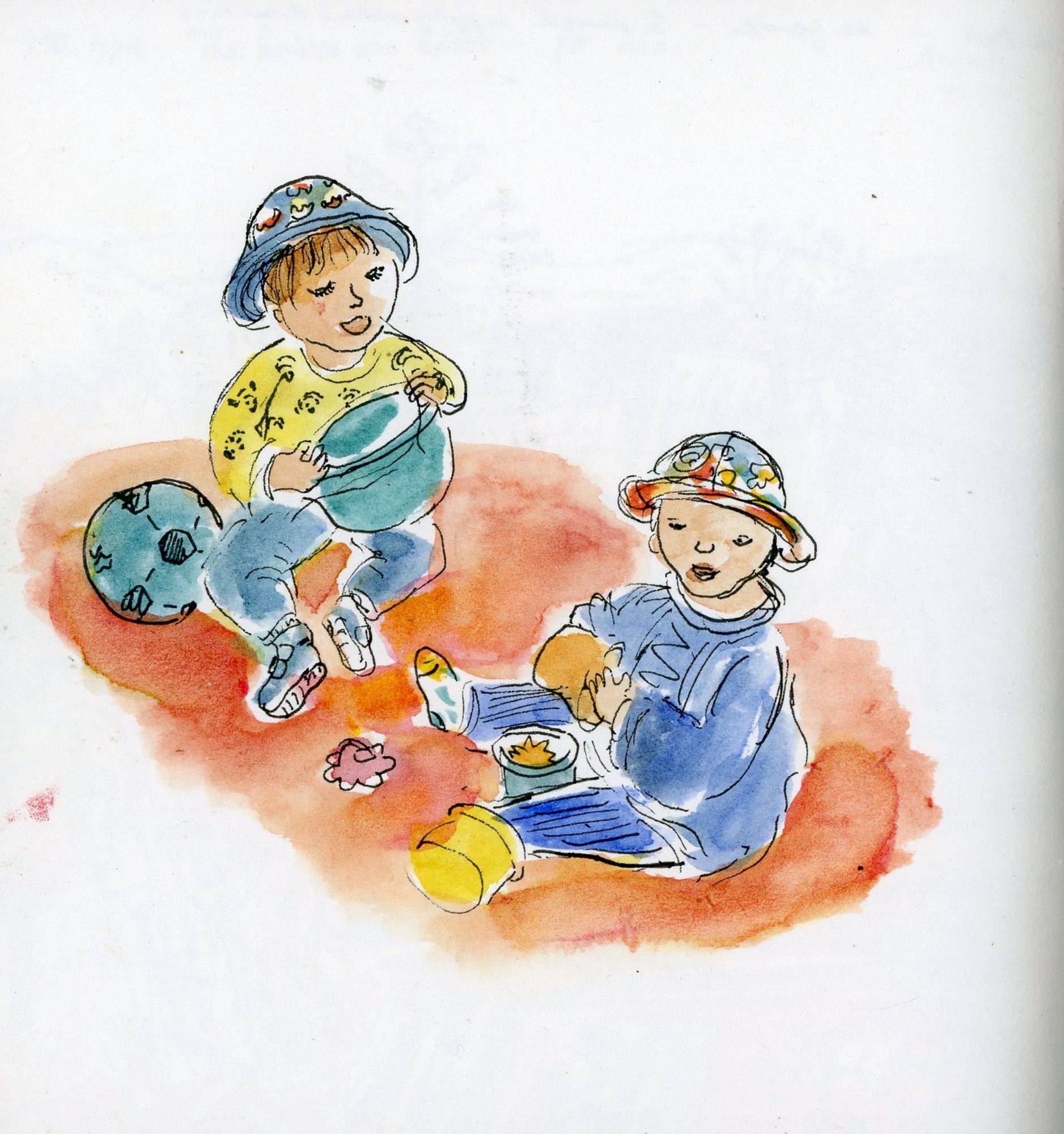 Sketch of 2 babies, both wearing hats