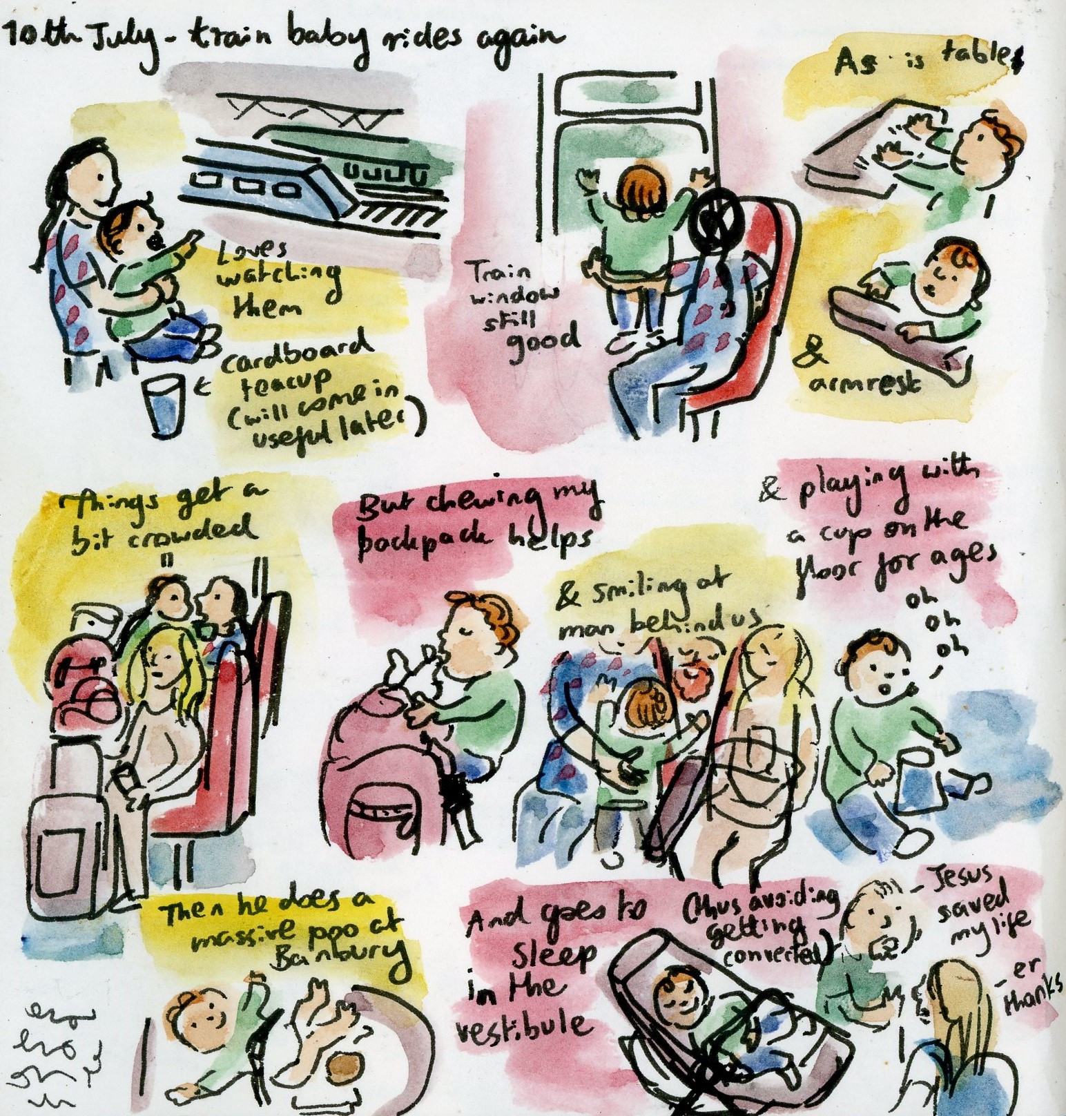 Sketches of "train baby rides again" - he enjoys train window, table and armrest. Things get crowded, but chewing my backback helps, as does smiling at the bearded man behind us and playing with a cup on the floor; then he does a massive poo at Banbury and goes to sleep in the vestibule