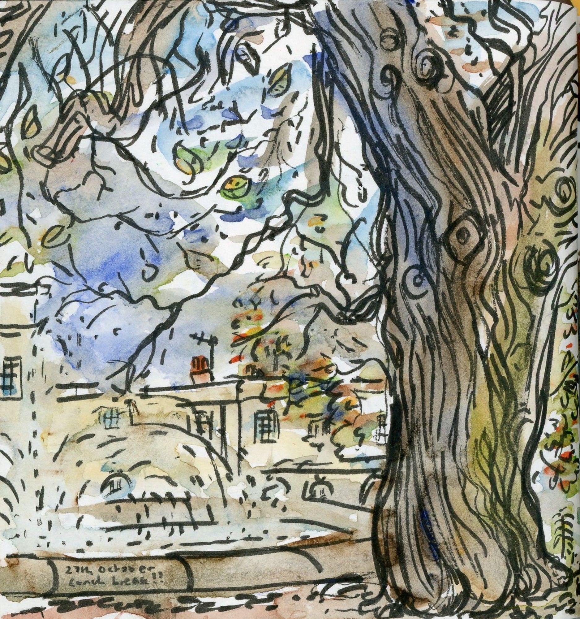 Sketch of trunk of copper beech tree with fountain and buildings of Oxford University Press in the background (annotation: "Lunch break!!")