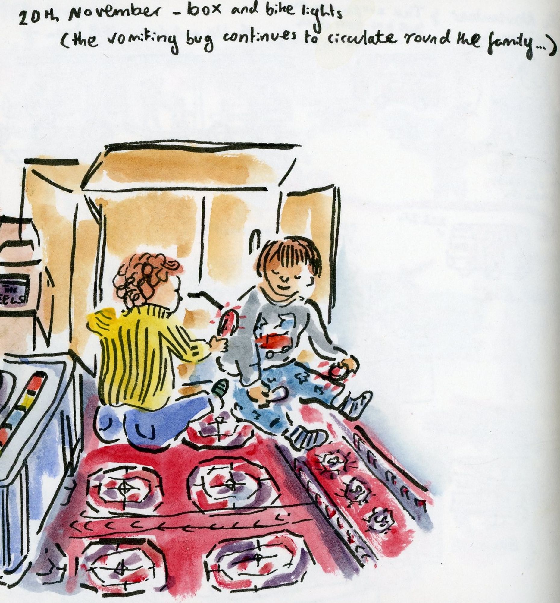 Sketch fo two toddlers playing with bike lights in a big cardboard box