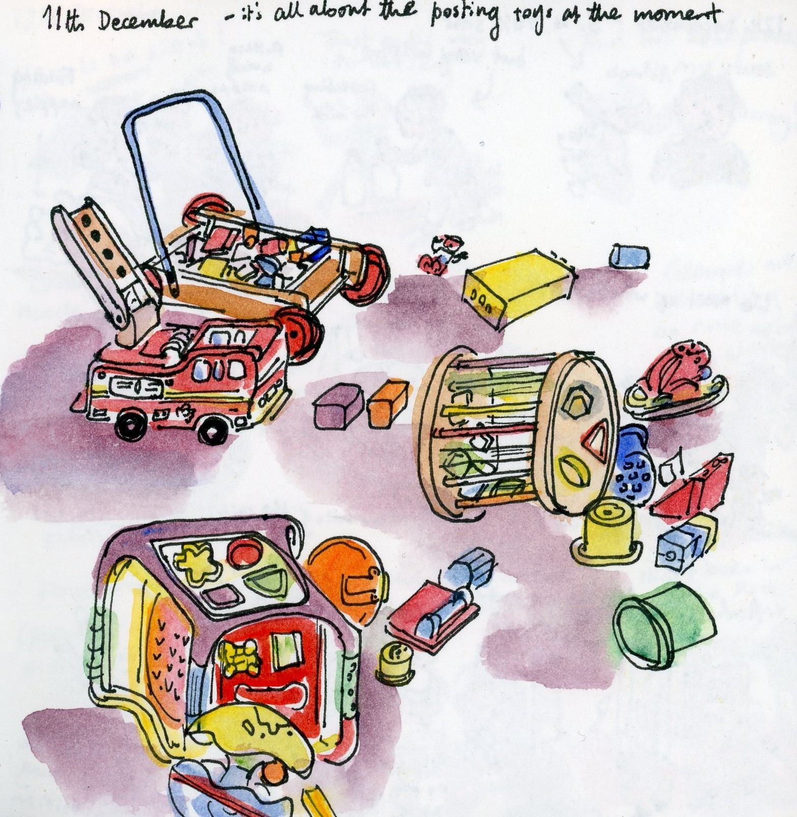 Sketches of toddler's toys - "it's all about the posting toys at the moment"