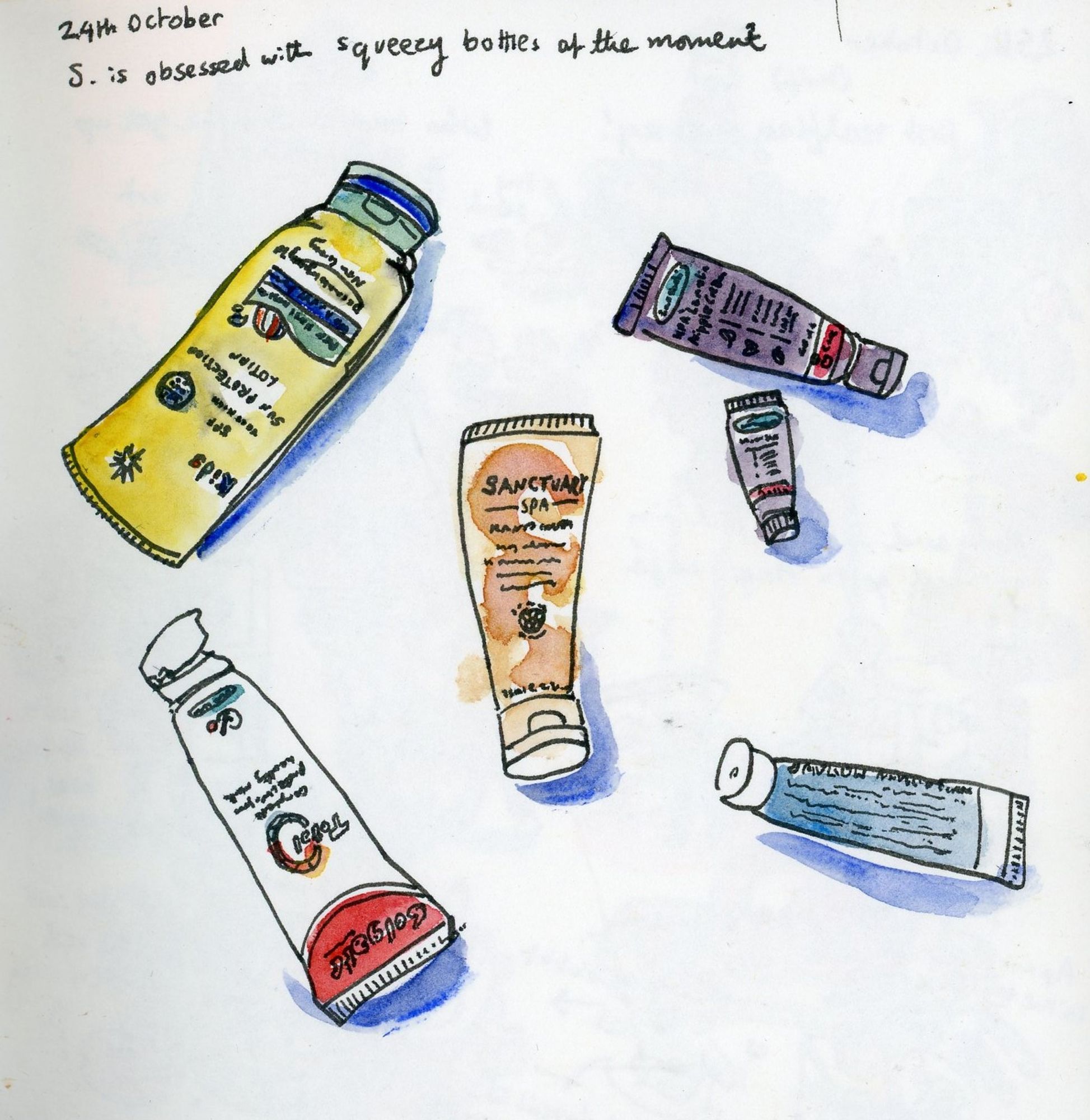 Sketch of 6 squeezy bottles (sunceam, toothpaste, nipple cream etc) - "S. is obsessed with squeezy bottles at the moment"