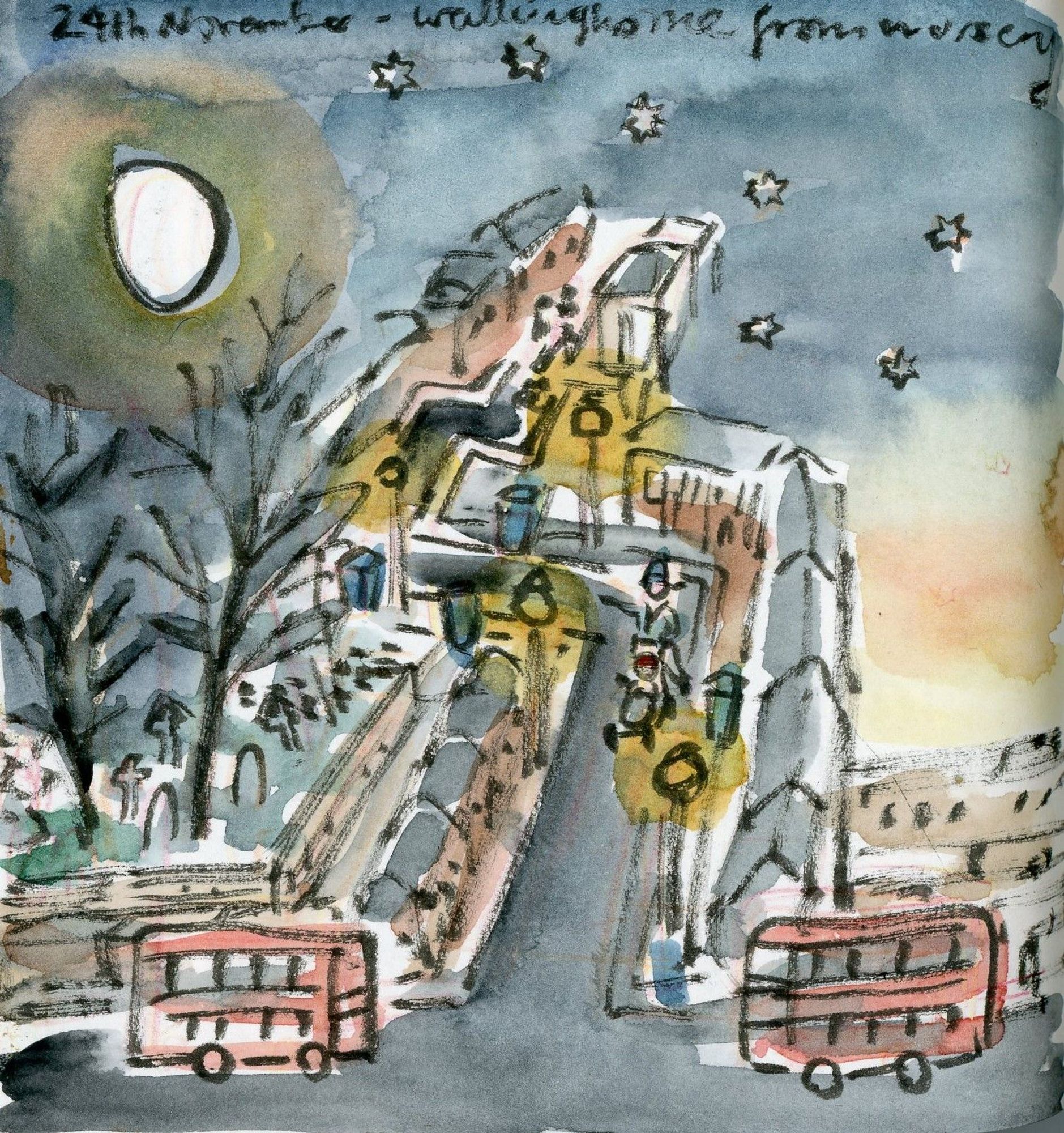 Sketch of walking home from nursery in the dark: moon, stars, lampposts, graveyard, buses