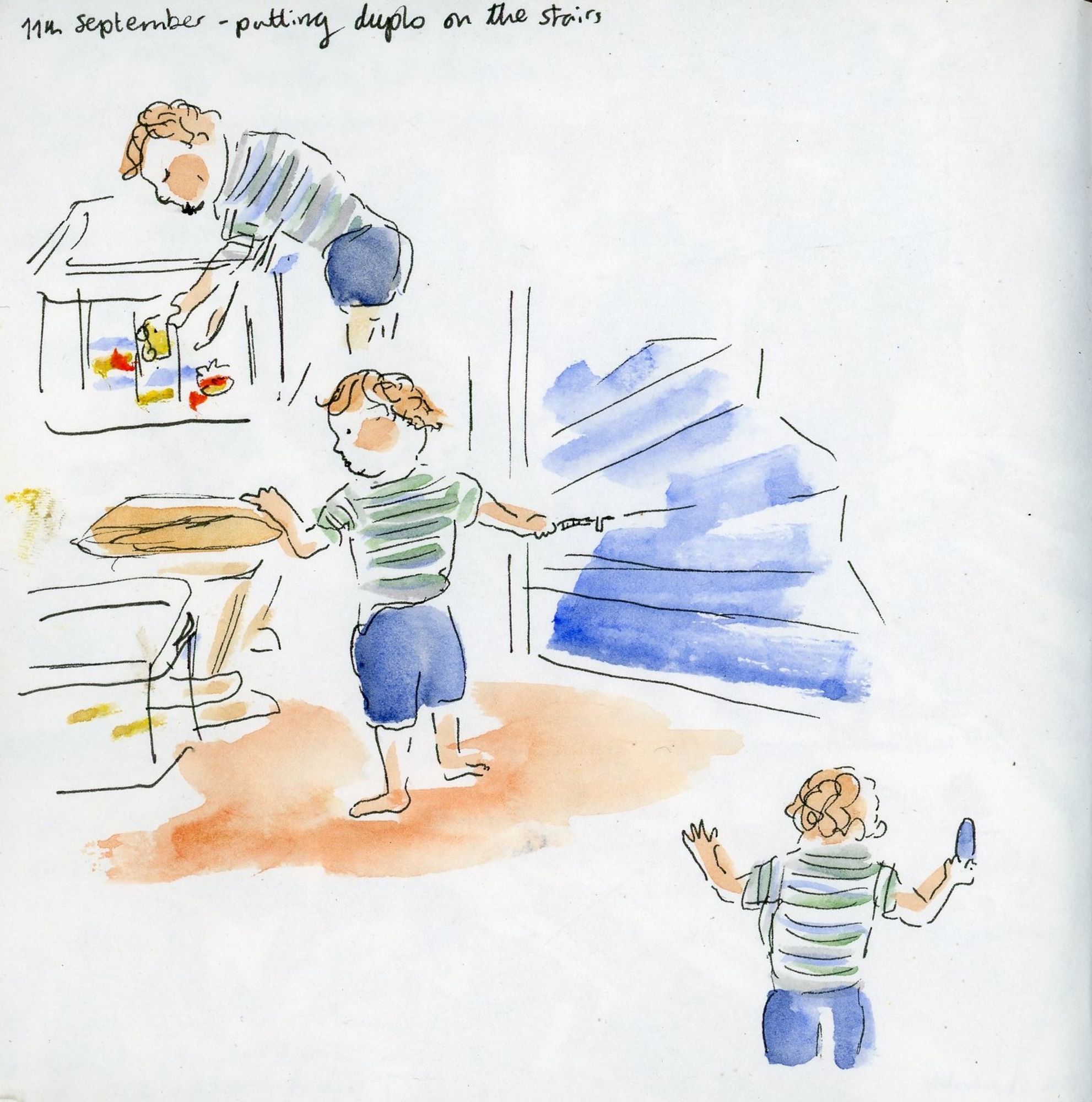 Sketches of toddler putting pieces of duplo on the staircase