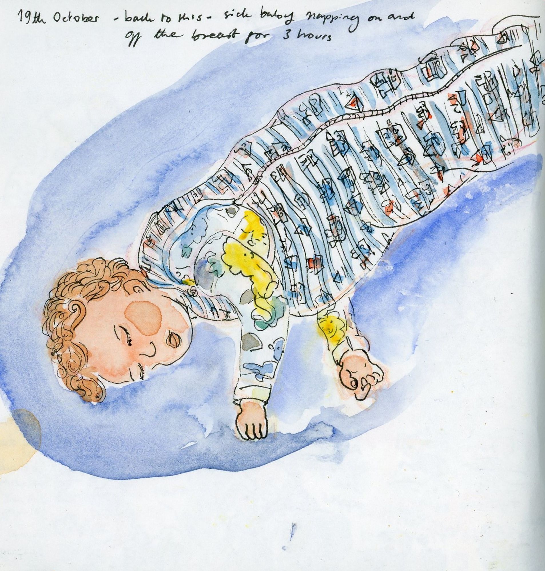 Sketch of baby asleep in sleeping bag (note: back to this - sick baby napping on and off the breast for 3 hours)